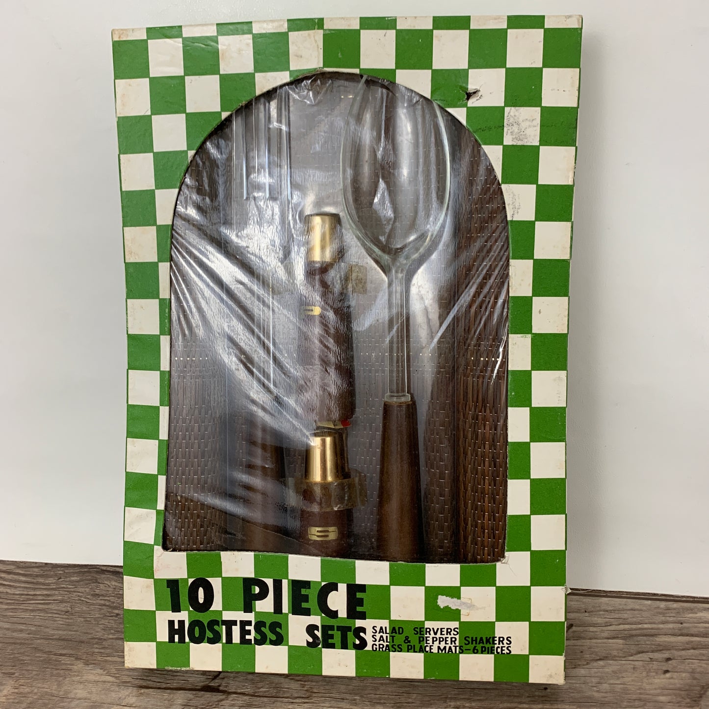 Vintage Table Set, Salt and Pepper, Grass Placemats, Salad Tongs, Boxed Hostess Set