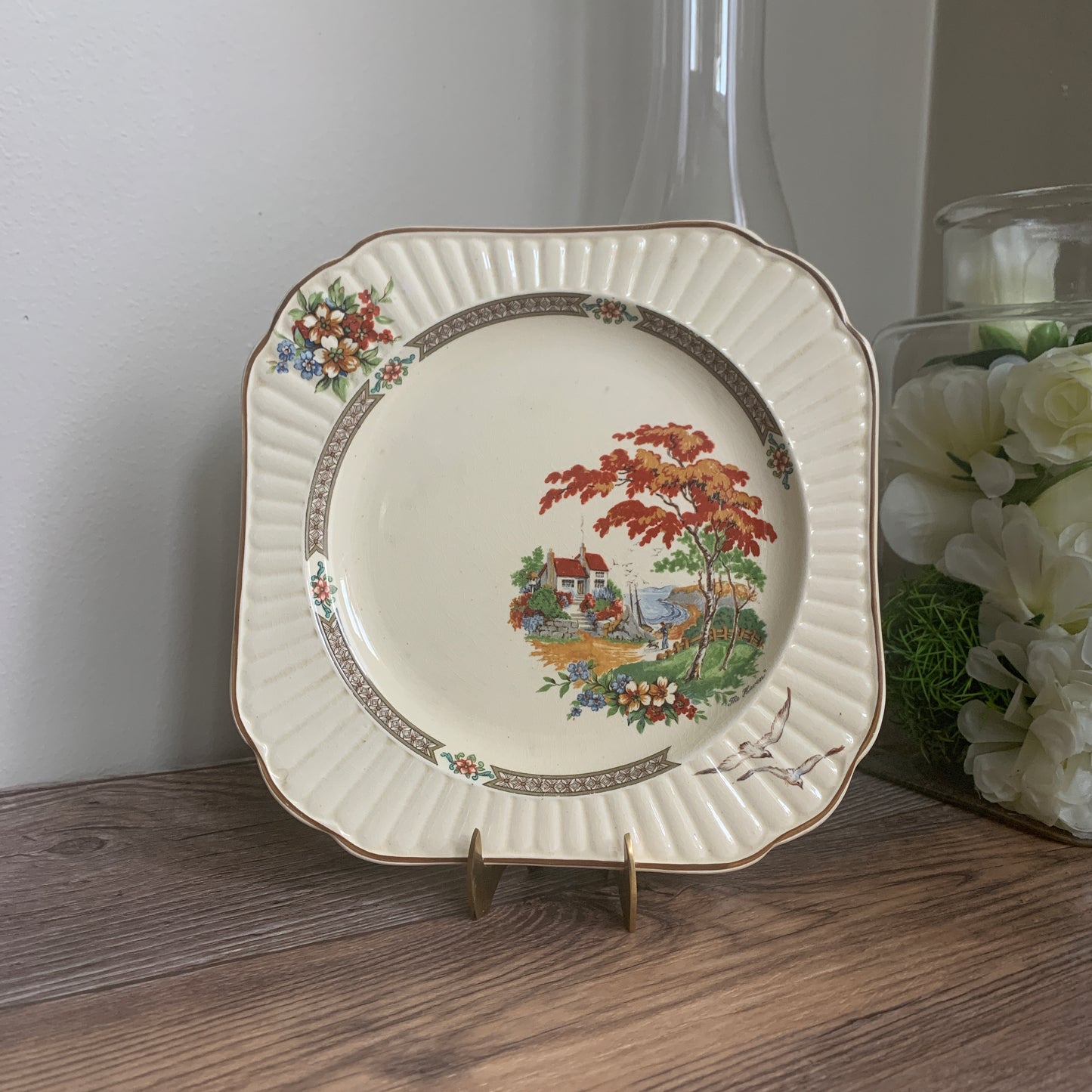 Booths China Plate with Garden Scene, Antique China Plate Vintage Farmhouse Decor
