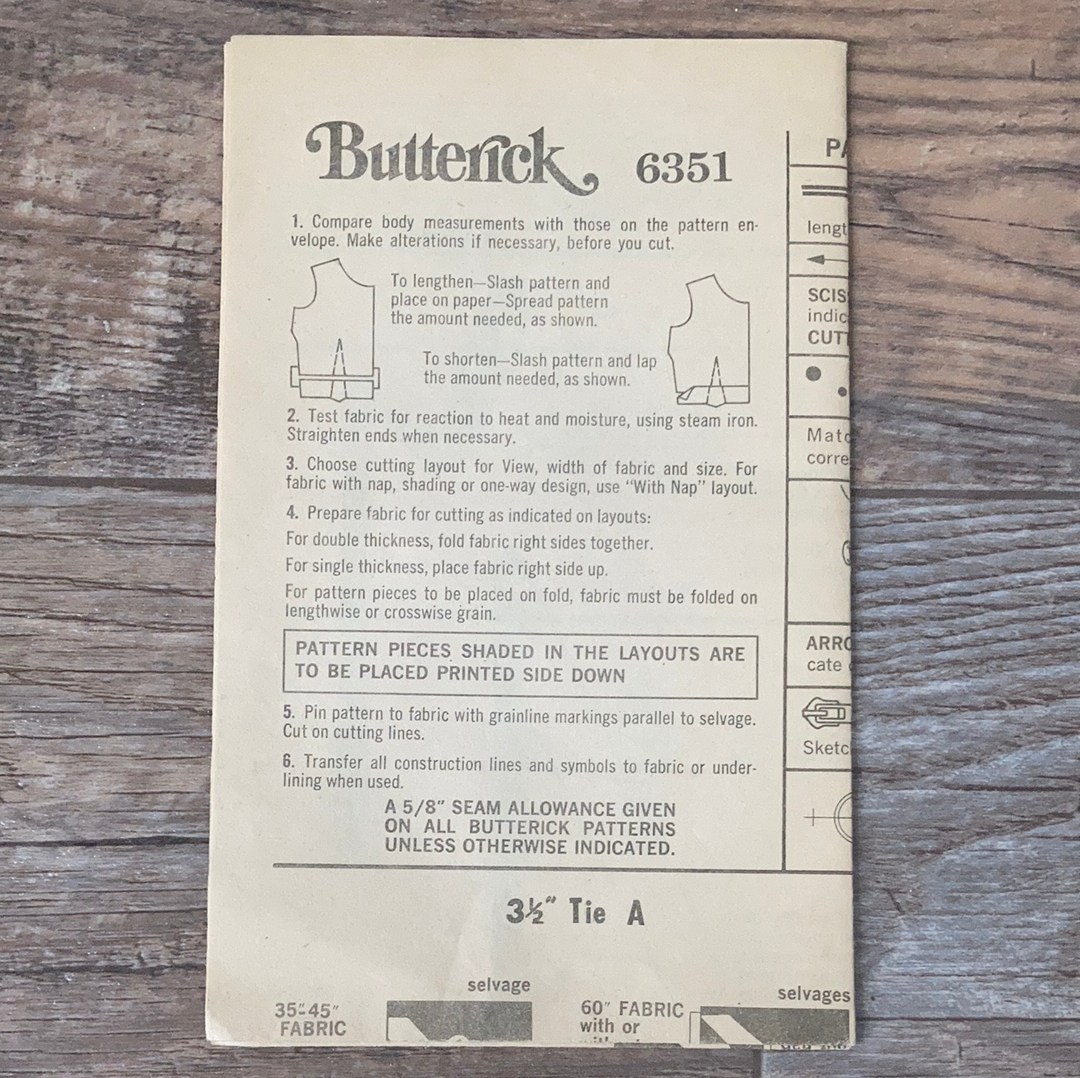 Mens Tie Vintage Sewing Pattern One Size Butterick 6351