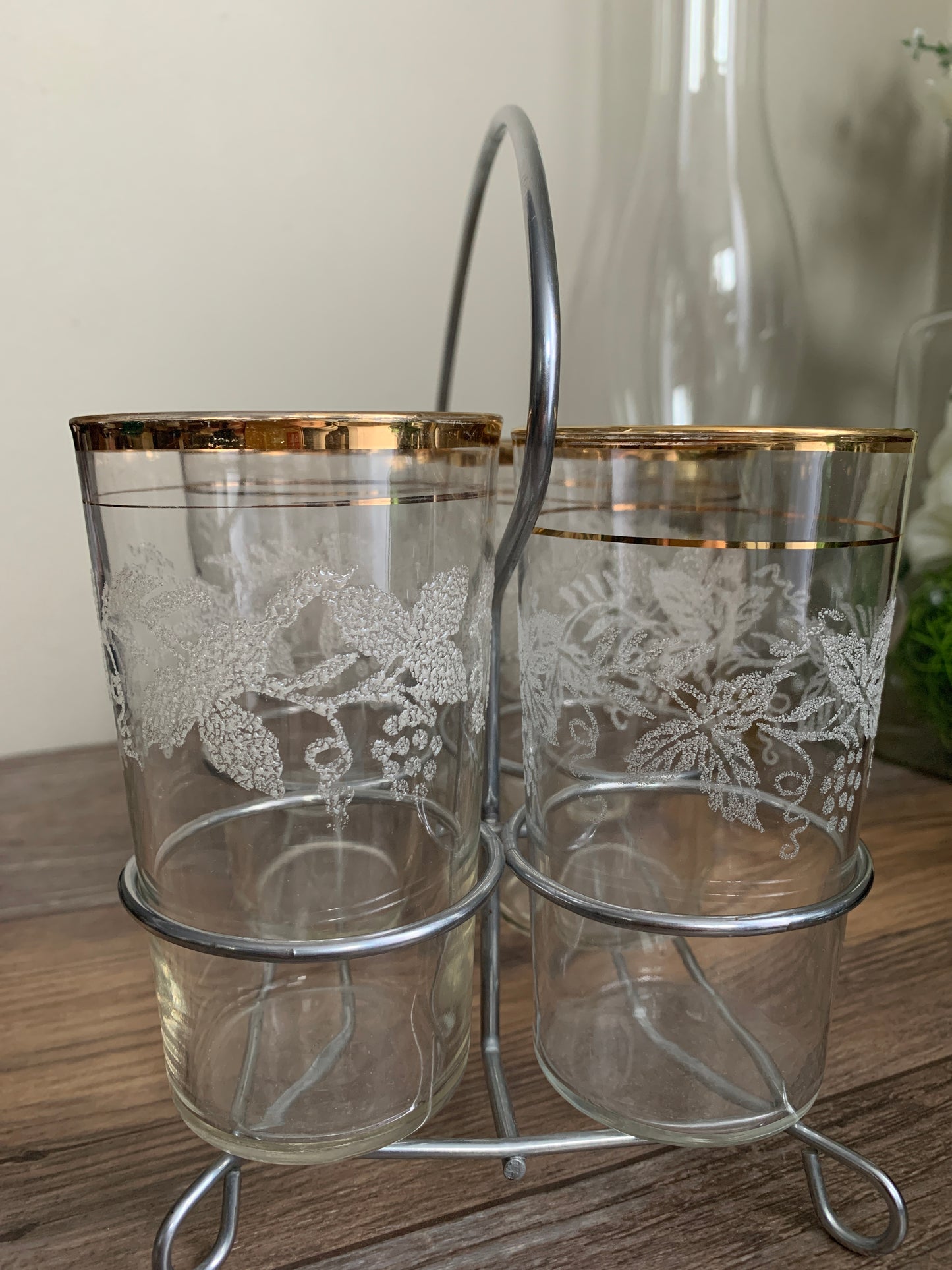 Vintage Cocktail Glasses in Wire Caddy with Frosted Grapevine Pattern Gold Trim Vintage Barware