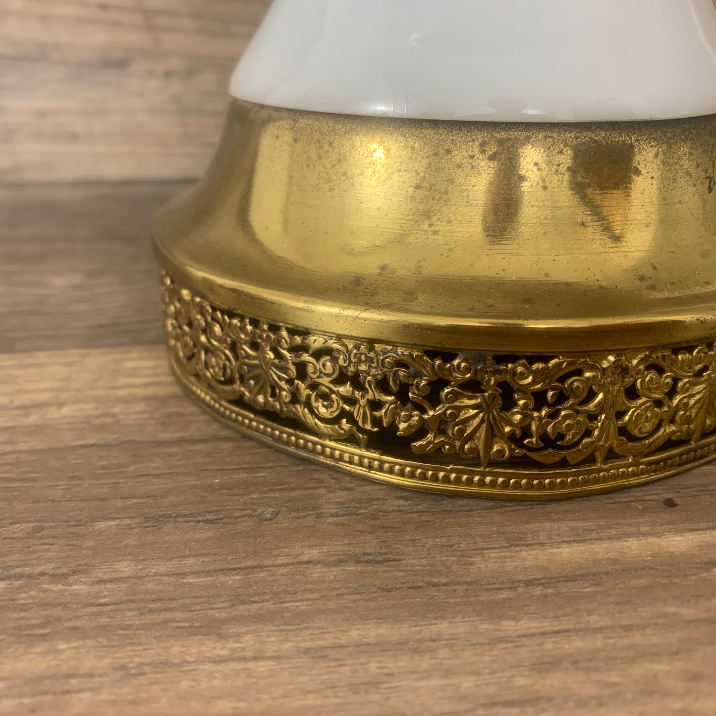 Mid Century Milk Glass Lamp, Retro Brass and White Table Lamp, Bulbous Shape