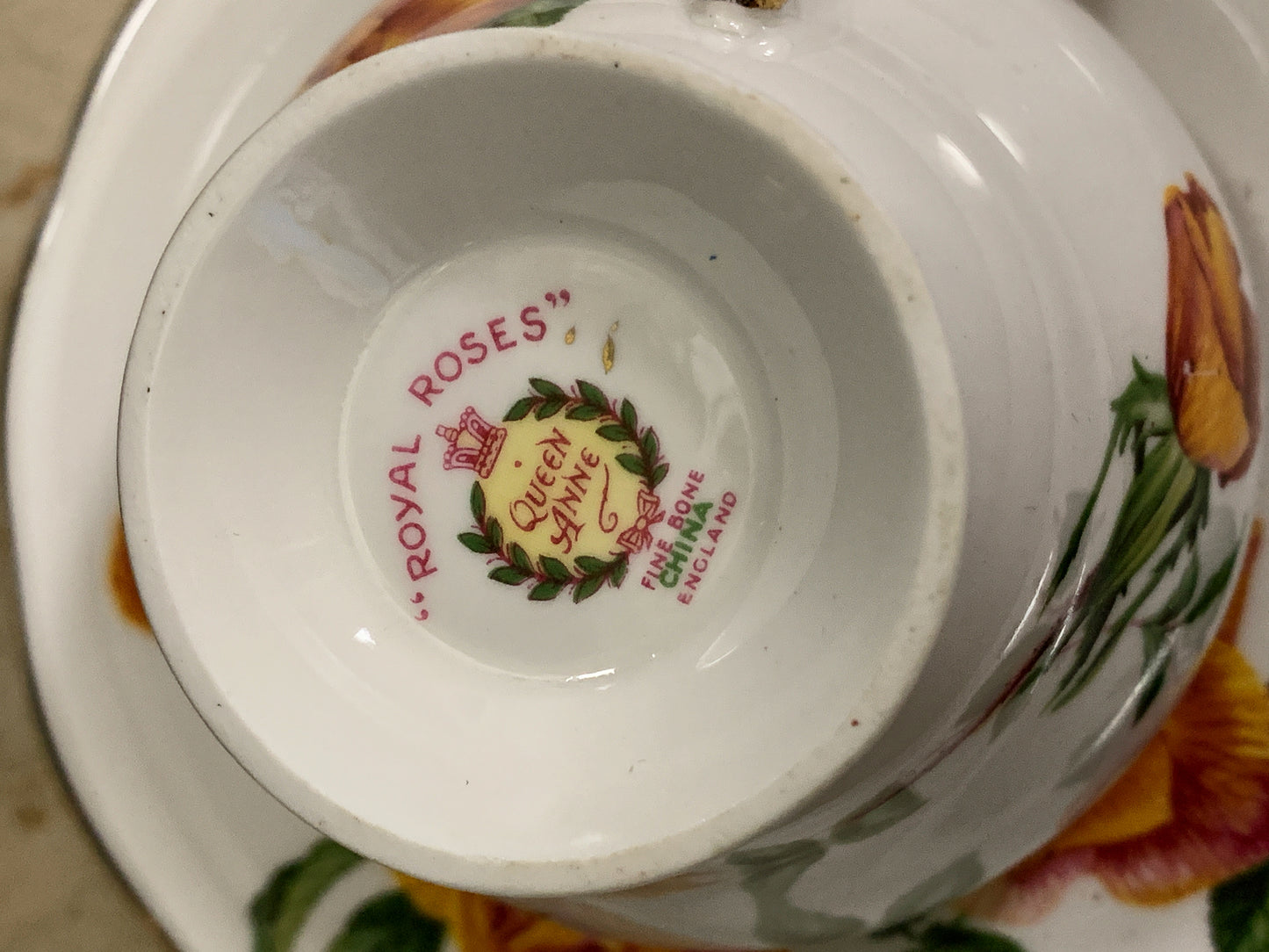 Royal Roses Vintage Tea Cup and Saucer White Teacup with Yellow and Pink Roses