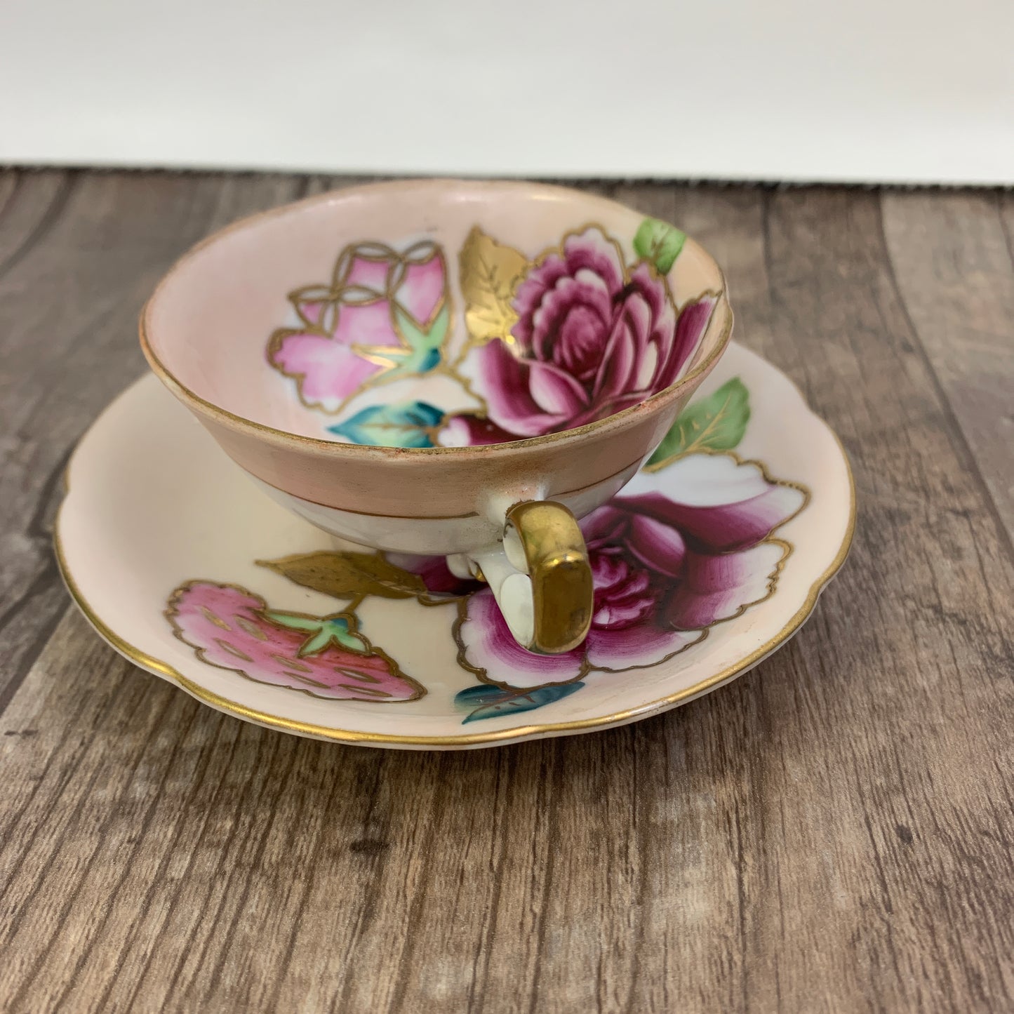 Trimont China Hand Painted Demi Tasse Cup Hand Painted Teacup and Saucer Hand Painted Pink Teacup