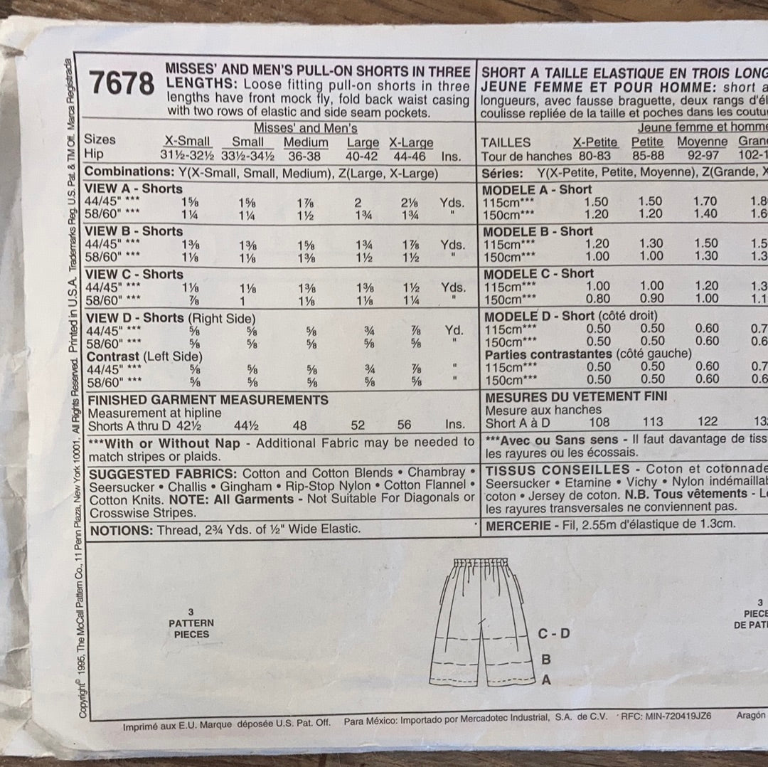 Misses and Mens Pull On Shorts in Three Lengths Sewing Pattern Size XS to S McCalls 7678