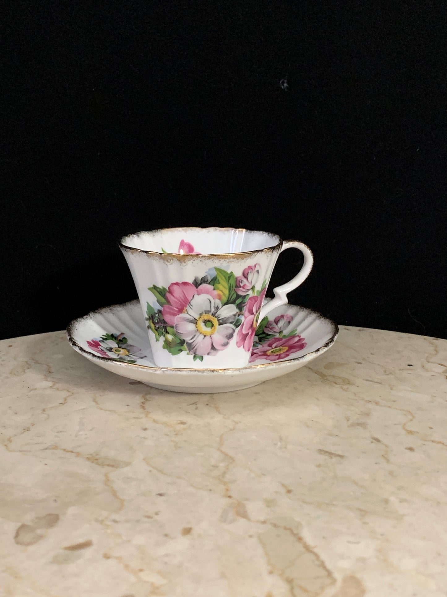 Pink and White Flower Tea Cup and Saucer with Scalloped Edge Royal Standard