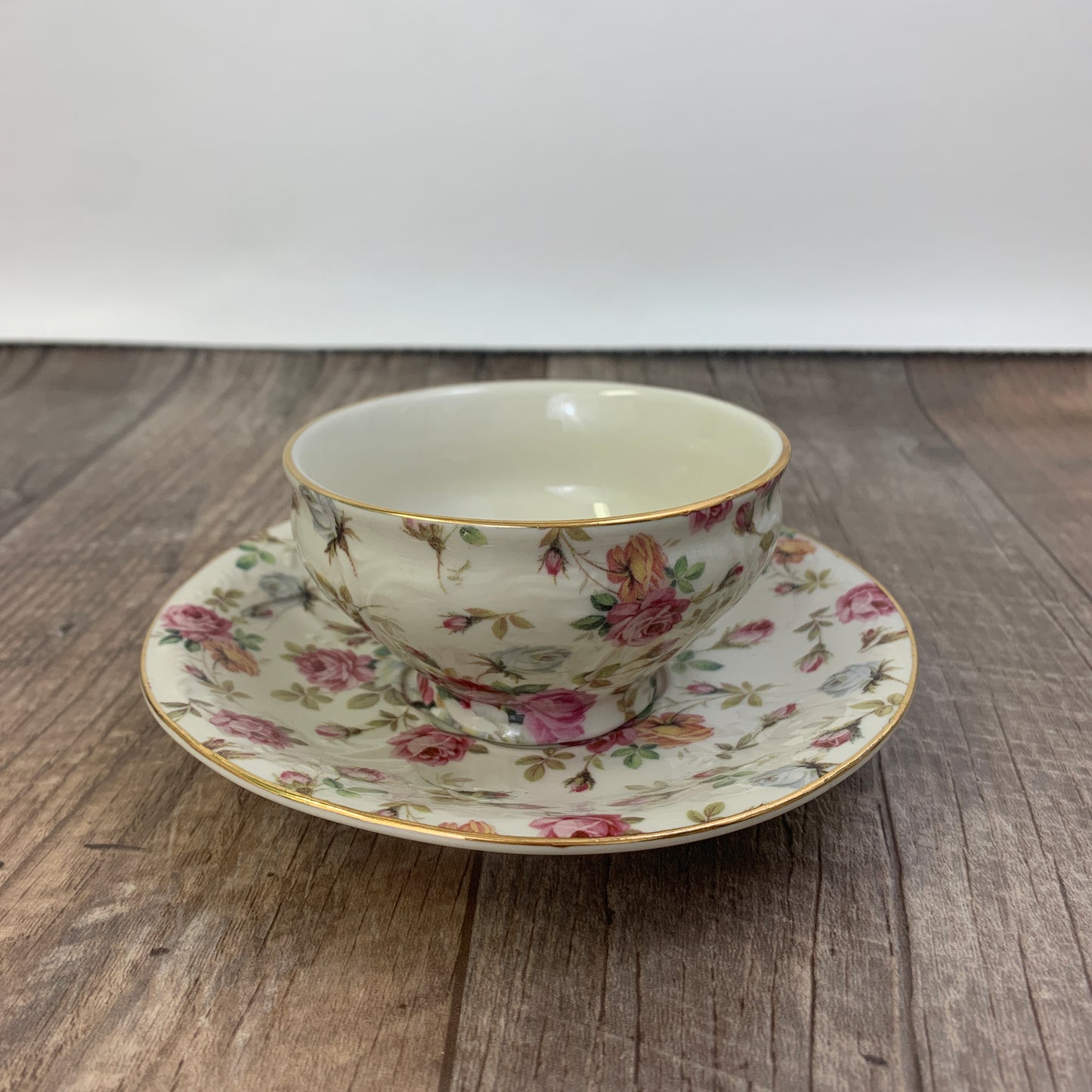 Victorian Trading Co Wide Mouth Teacup and Saucer Rose Chintz Pattern
