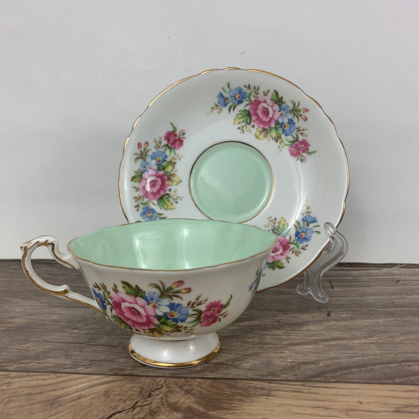 Vintage Paragon Teacup, White and Mint Green Double Warrant English Tea Cup