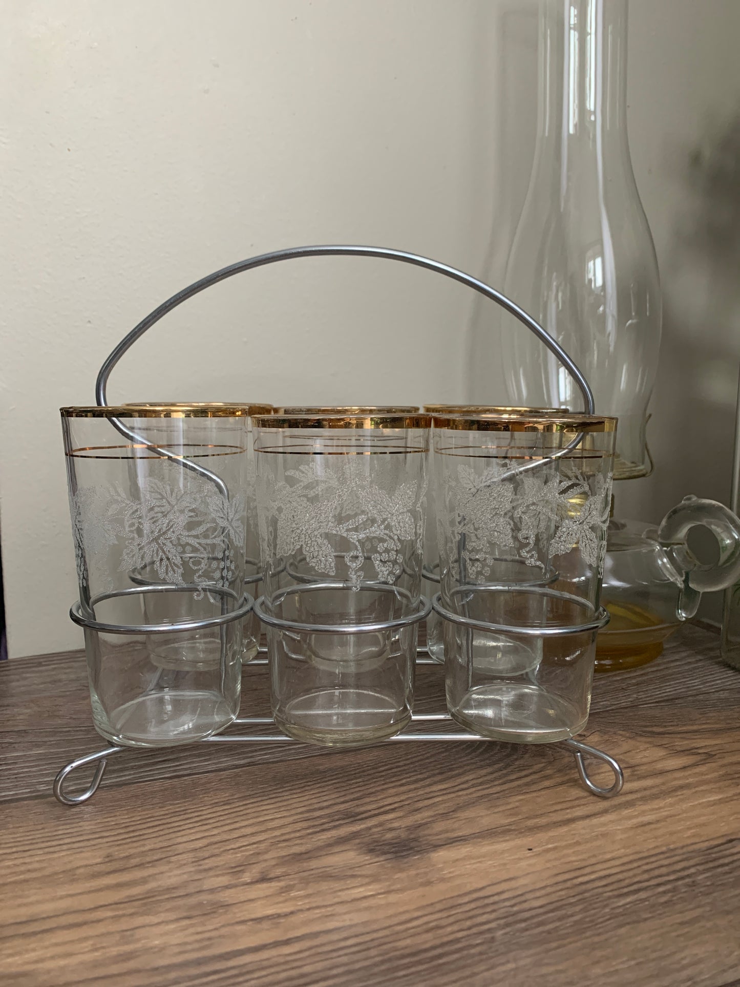 Vintage Cocktail Glasses in Wire Caddy with Frosted Grapevine Pattern Gold Trim Vintage Barware