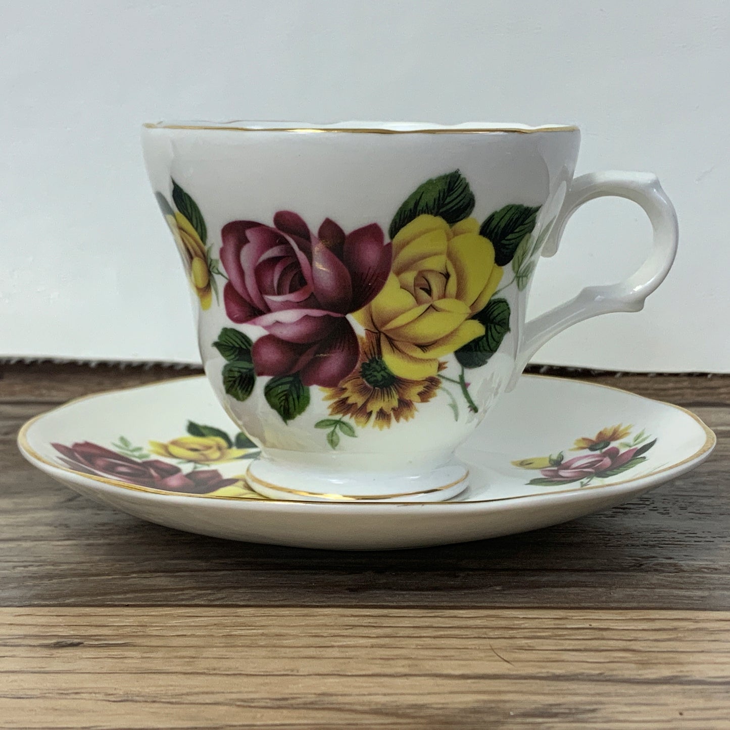 Crown Trent Red and Yellow Floral Vintage Teacup and Saucer Set