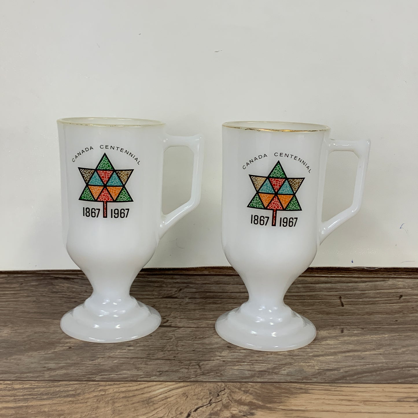 Canada Centennial Milk Glass Collectible Specialty Coffee Mugs 1867 - 1967 Set of 2