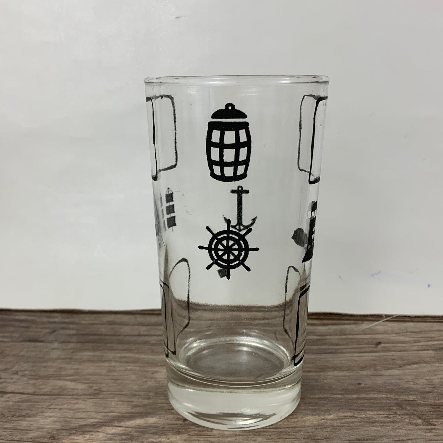 Vintage Juice Glasses with Black Nautical Design, Beach House Glasses