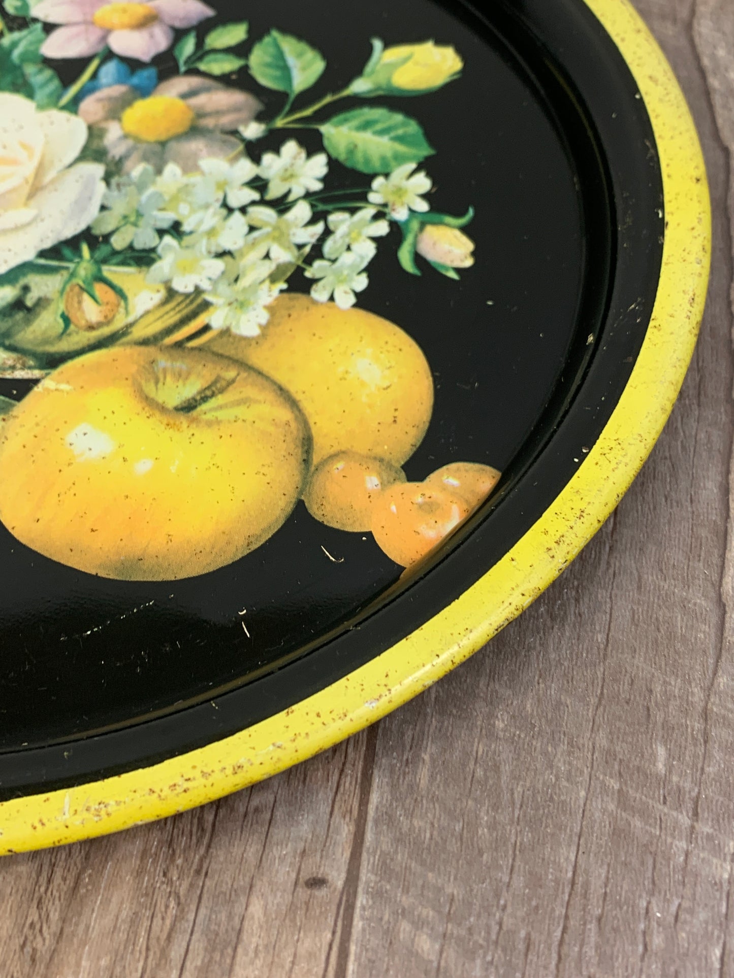 Vintage Round Tray with Floral Pattern Black and Yellow Tray Vintage Farmhouse Decor