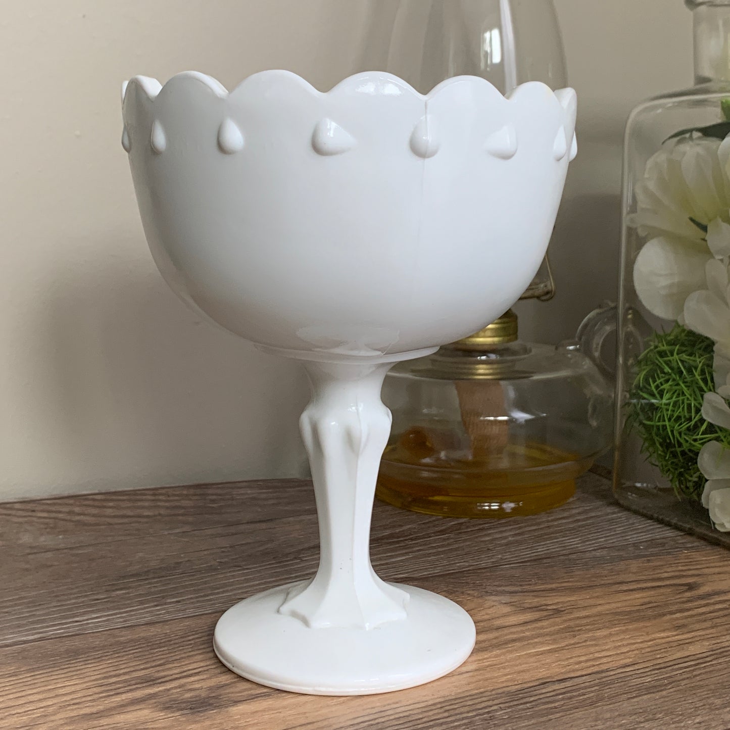 Vintage Milk Glass Pedestal Dish Indiana Glass Teardrop Small Milk Glass Compote