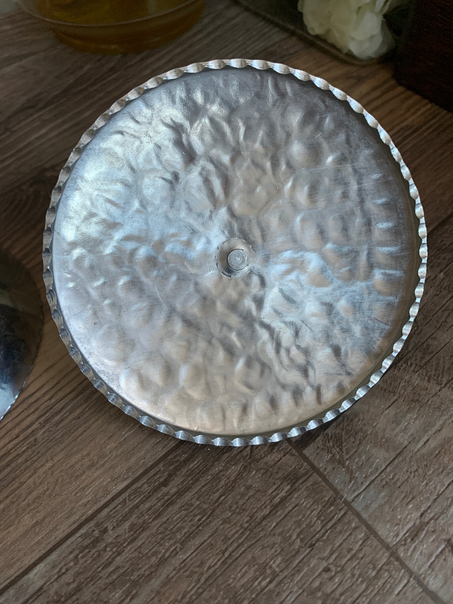 Small Jewelry Dish with Flower Handle - Hammered Aluminum Trinket Dish