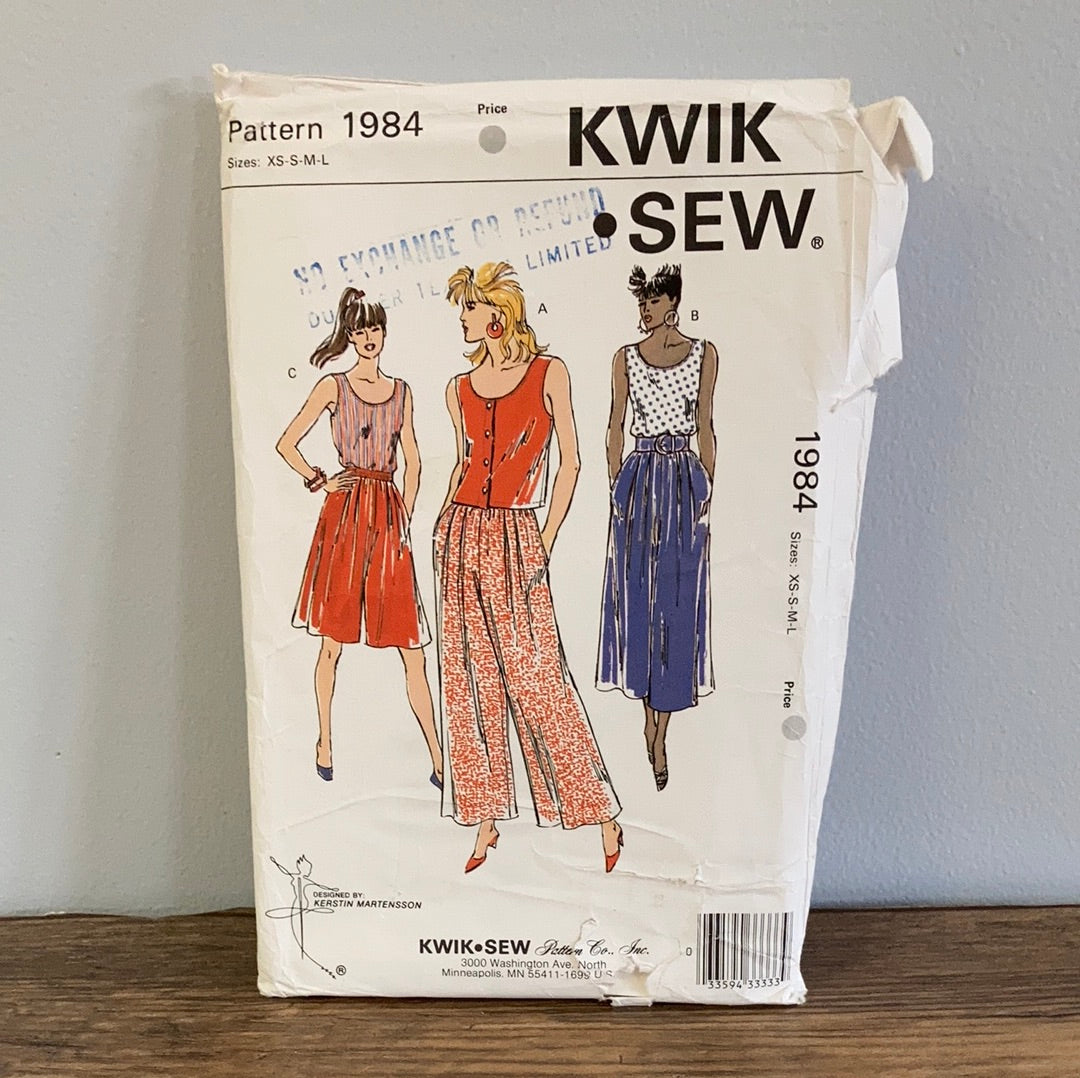 Misses Wide Leg Pants and Sleeveless Top Vintage Sewing Pattern Size XS to L Kwik Sew 1984