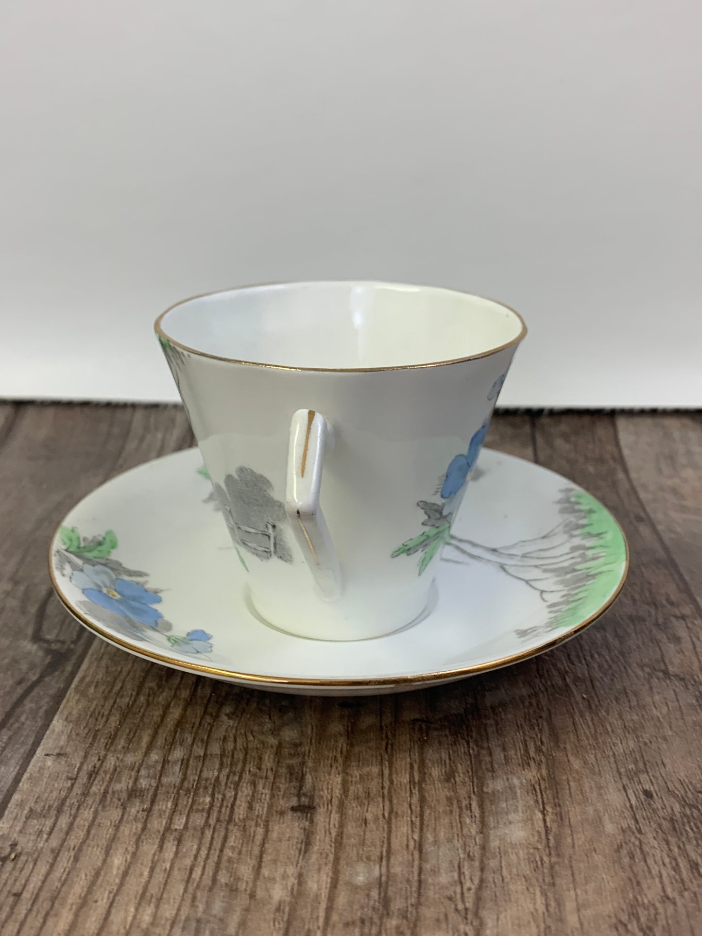 Vintage Teacup with Hand Painted Blue Green and Grey Garden Scene Royal York Fine Bone China
