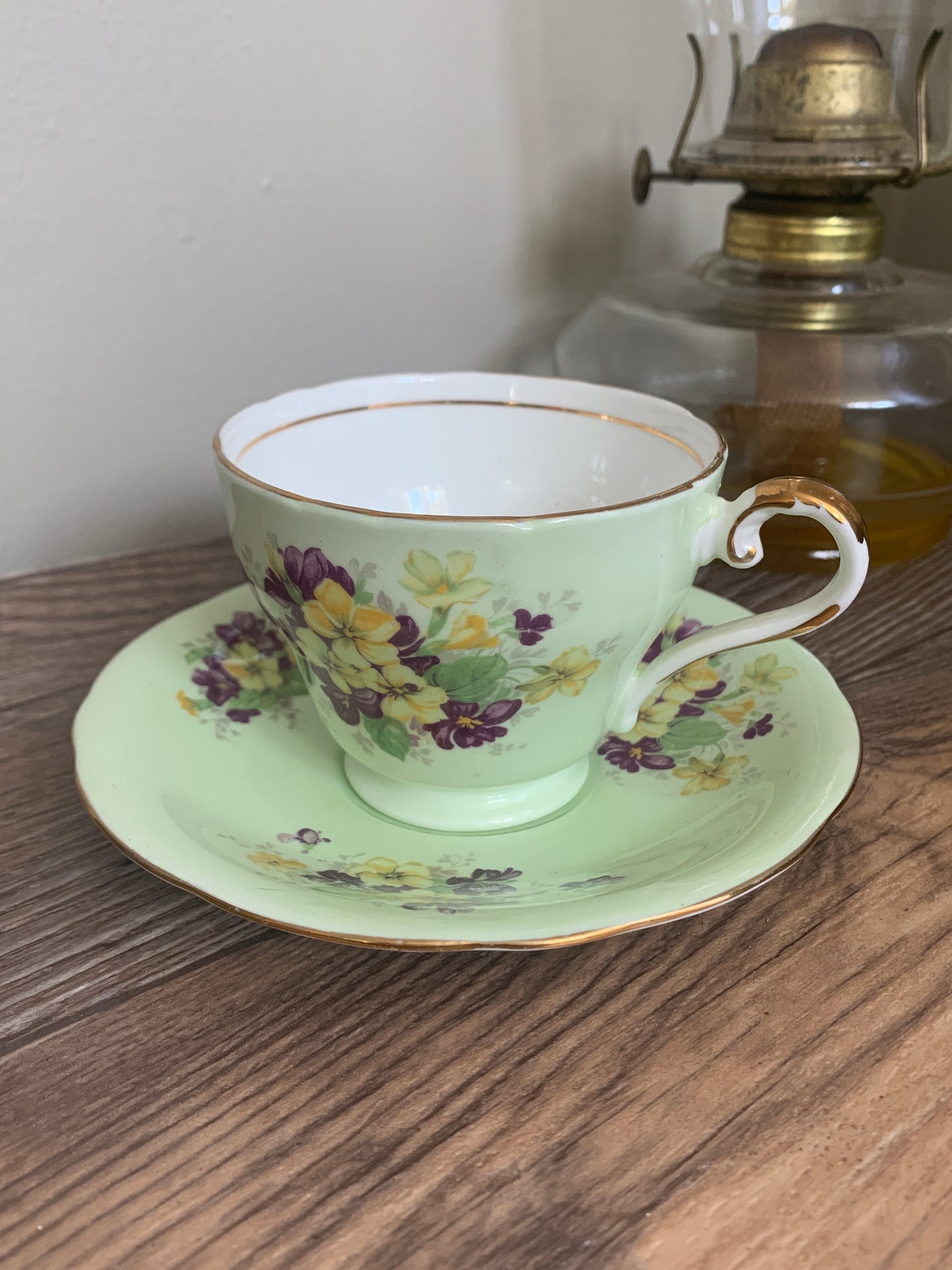 Green Vintage Teacup with Purple and Yellow Flowers Aynsley Vintage Tea Cup Mothers Day Gifts