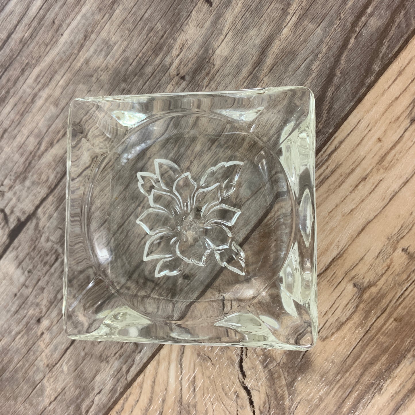 Small Pressed Glass Ashtray with Flower