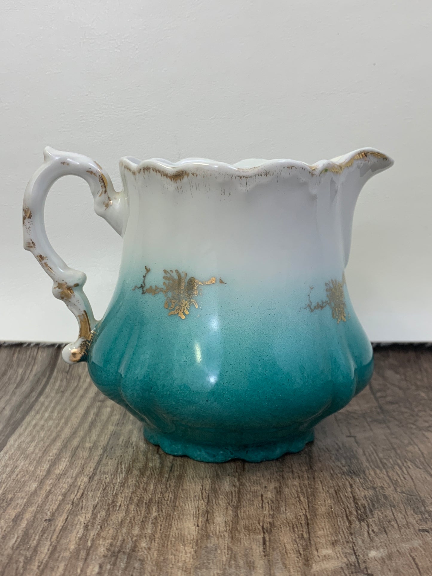Antique Porcelain Creamer and Cup Teal and White Porcelain with Picture
