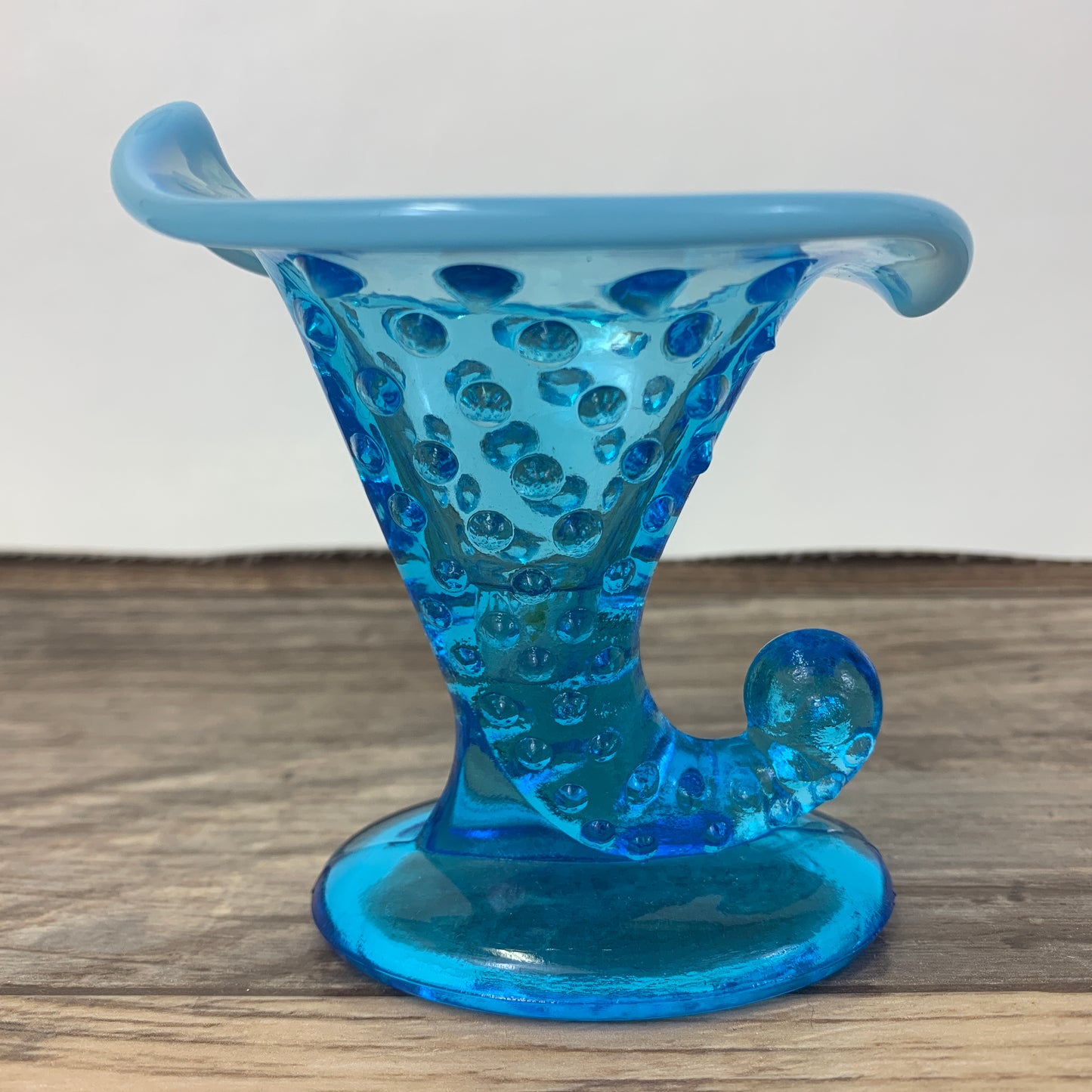 Blue Hobnail Horn of Plenty Cornucopia Fenton Glass Blue Opalescent
