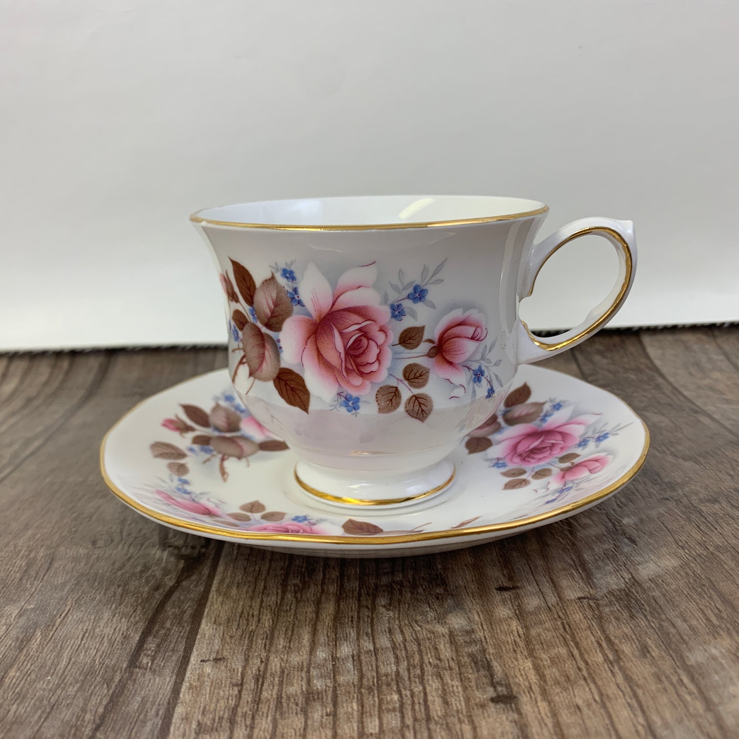 Pink and Blue Floral Teacup, Queen Anne Vintage Tea Cup and Saucer Set