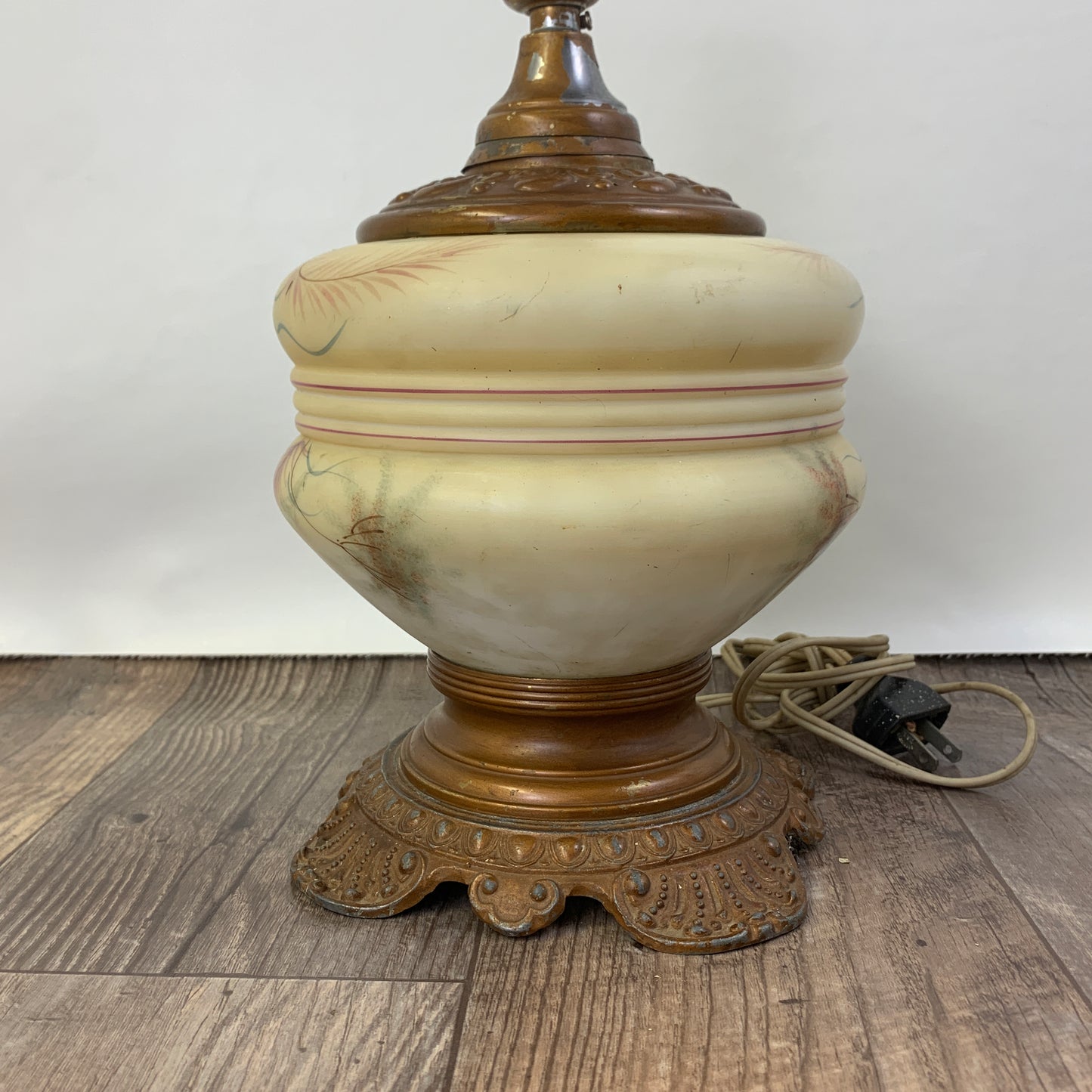 Antique Custard Glass Lamp with Cast Metal Base
