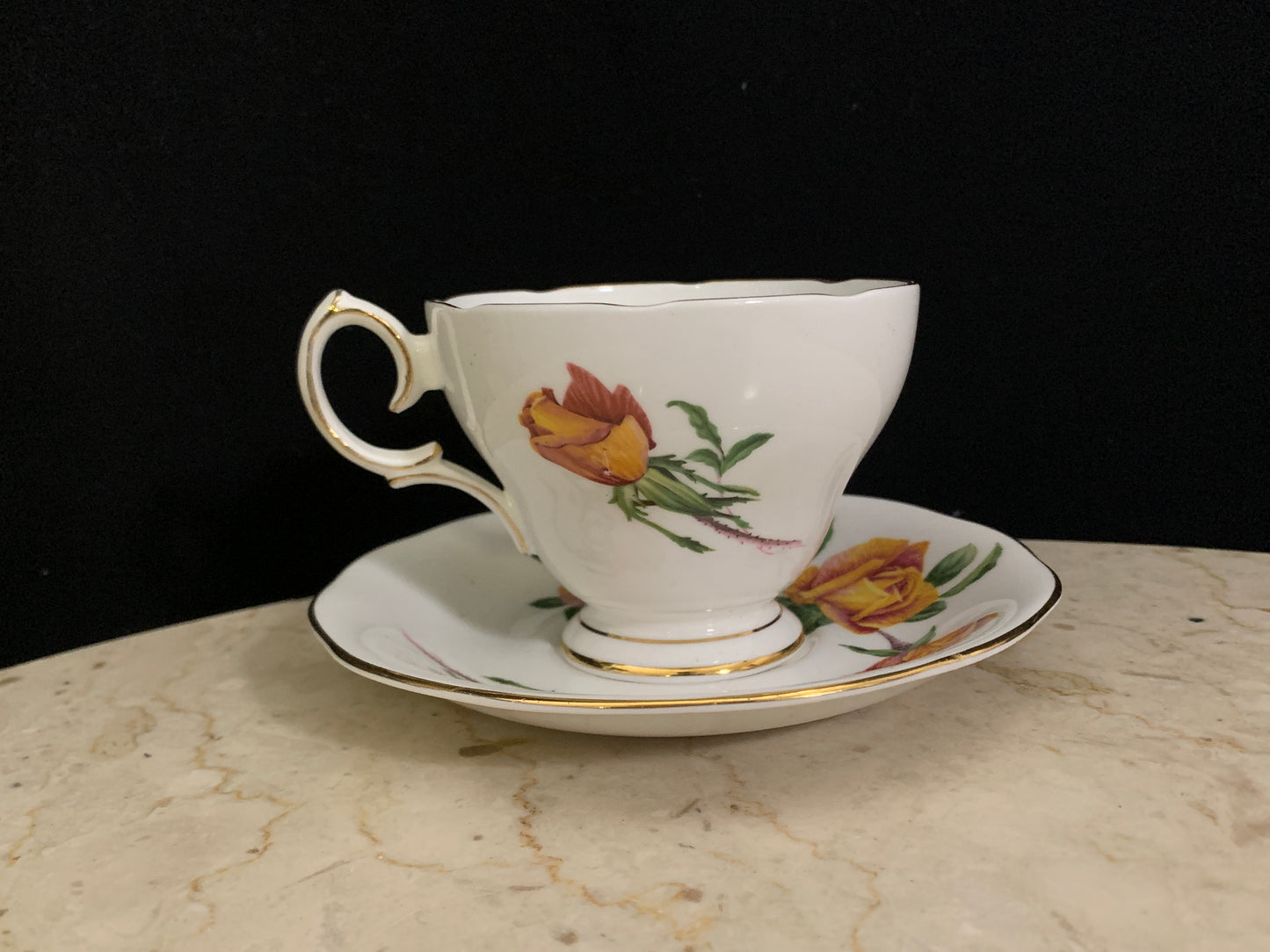 Royal Roses Vintage Tea Cup and Saucer White Teacup with Yellow and Pink Roses