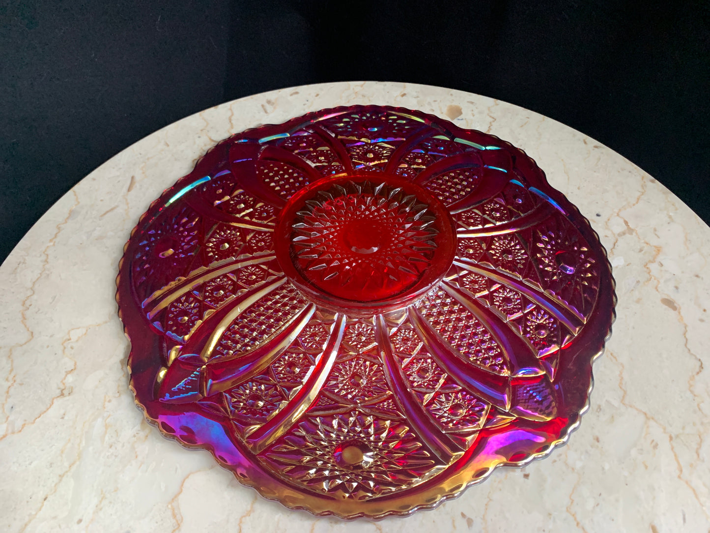 Indiana Glass Heirloom Sunset Red Platter, Indiana Glass Company Iridescent Glass Platter, Red Carnival Glass Sandwich Tray