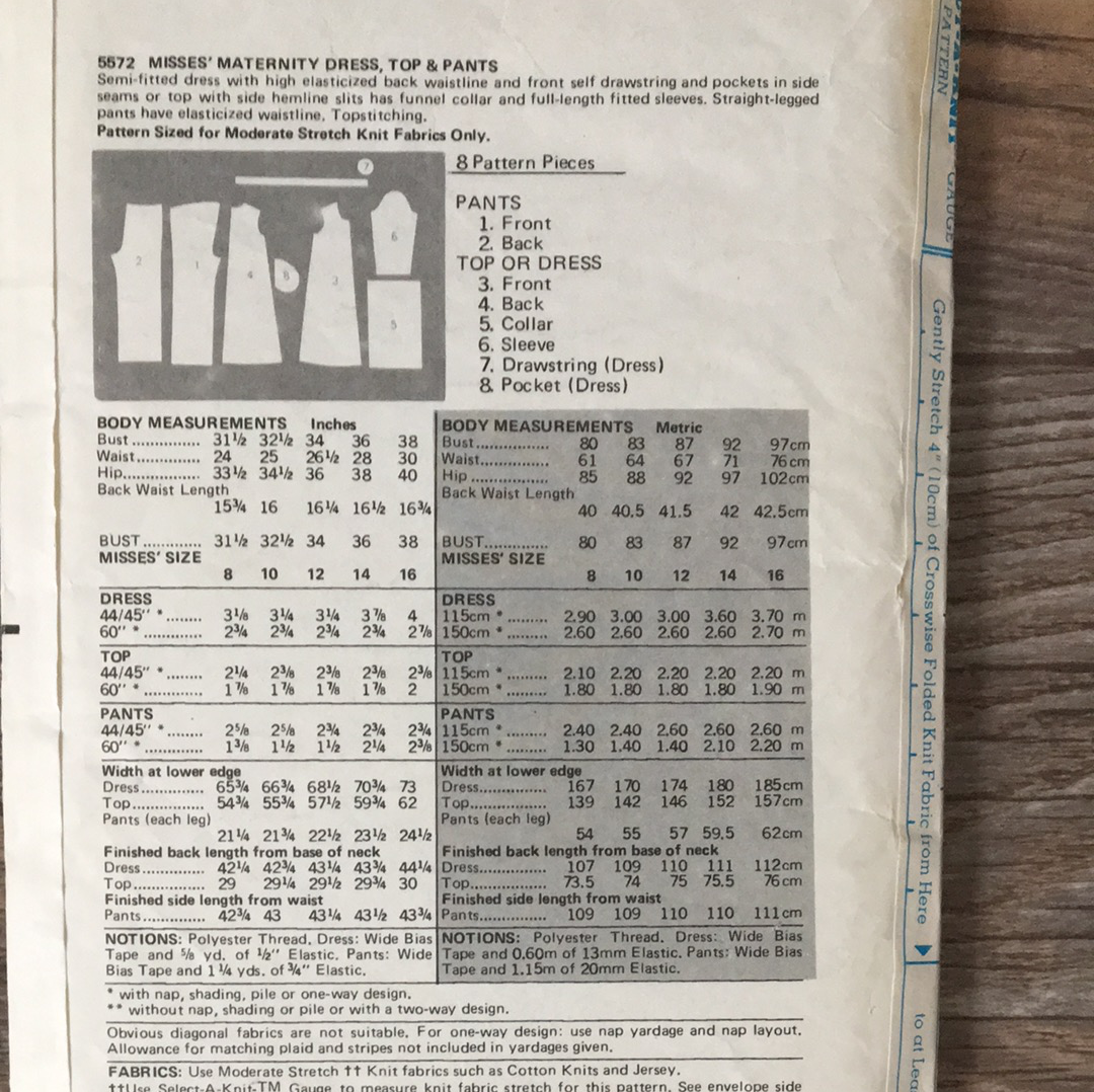 Maternity Dress Top and Pants Sewing Pattern Size 12 Butterick 5572