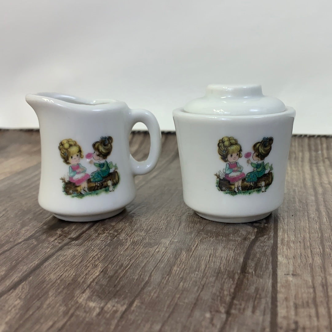 Child Size Teapot and Cream and Sugar with Two Little Girls, Mini Coffee Pot with Decal Small Ceramic Teapot Made in Japan