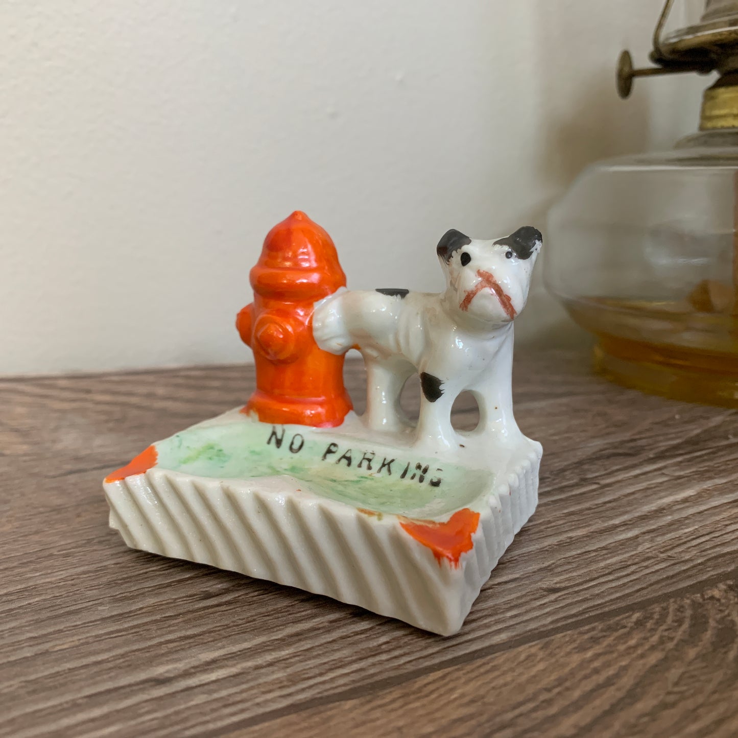 Mini Ceramic Ashtray No Parking Dog Peeing on Fire Hydrant Made in Japan collectibe