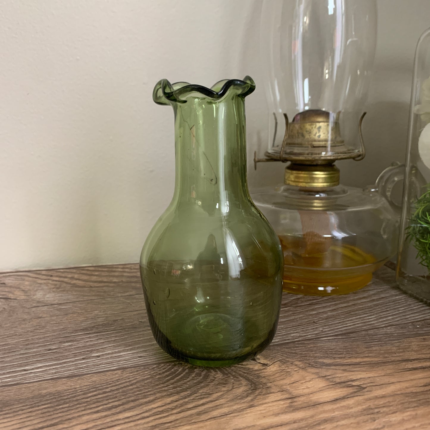 Green Blown Glass Vase, Small Glass Bud Vase with Ruffle