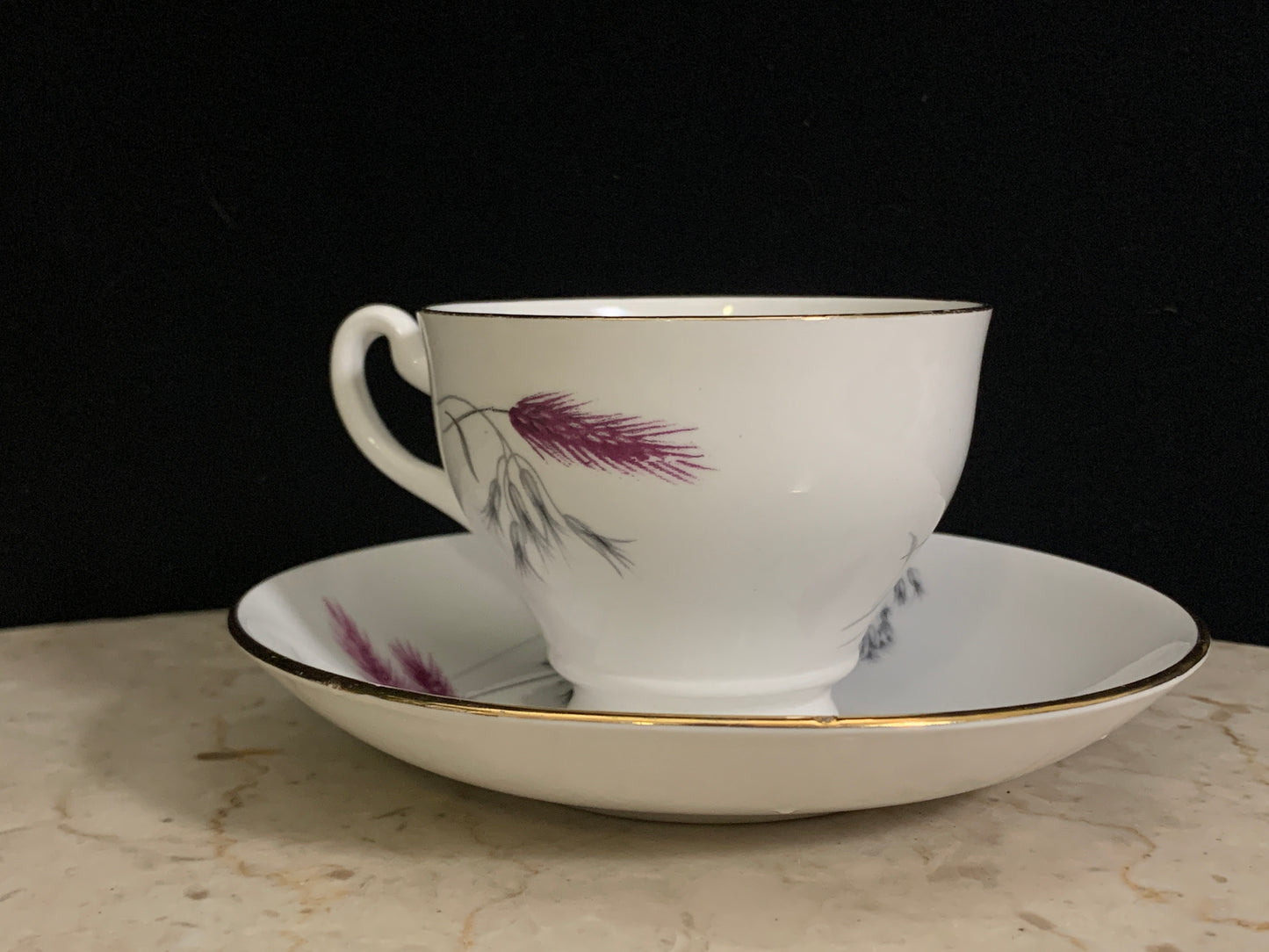 Vintage Tea Cup and Saucer with Purple Wheat Unique