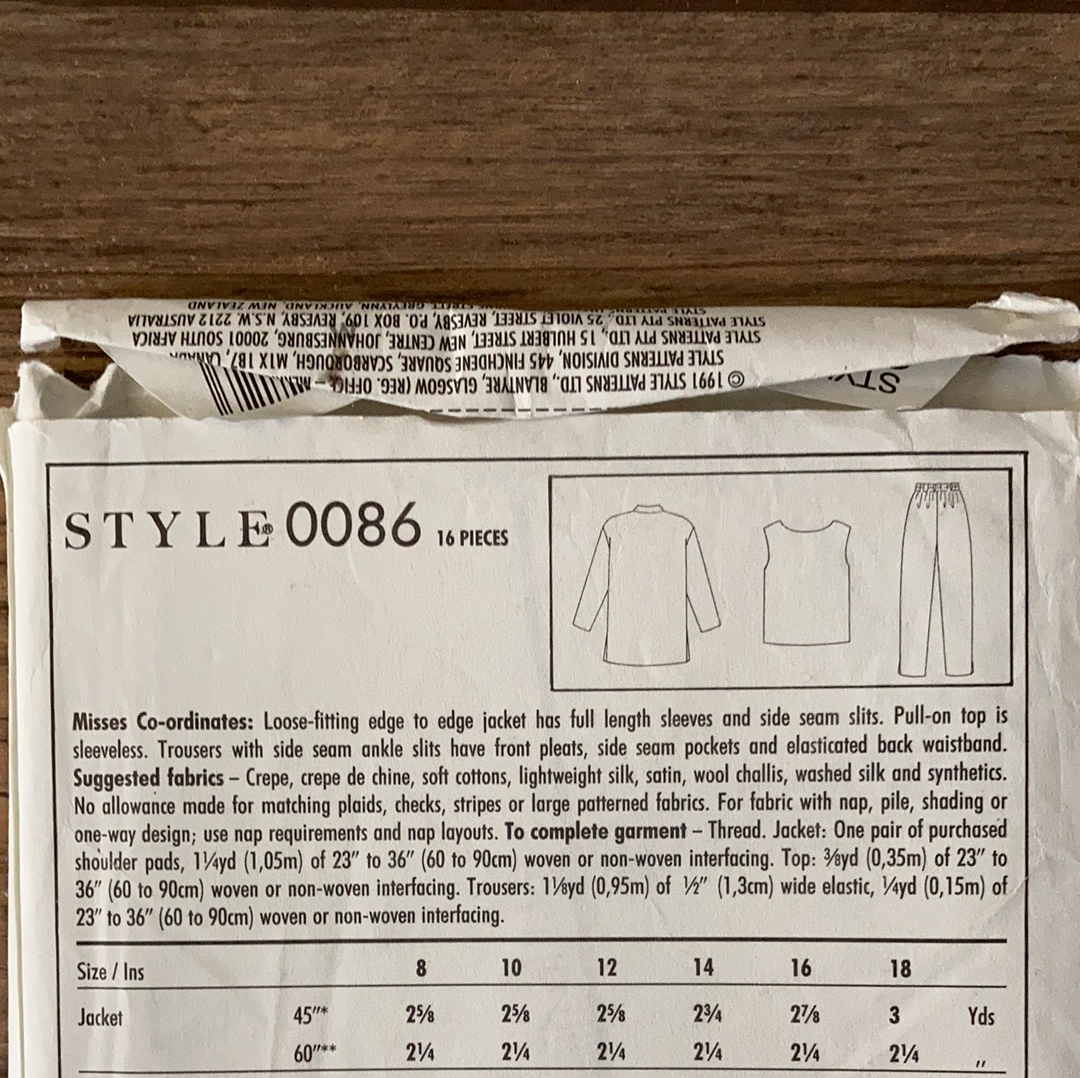 Misses Top Jacket and Pants Sewing Pattern Size 8 to 18 Style 0086