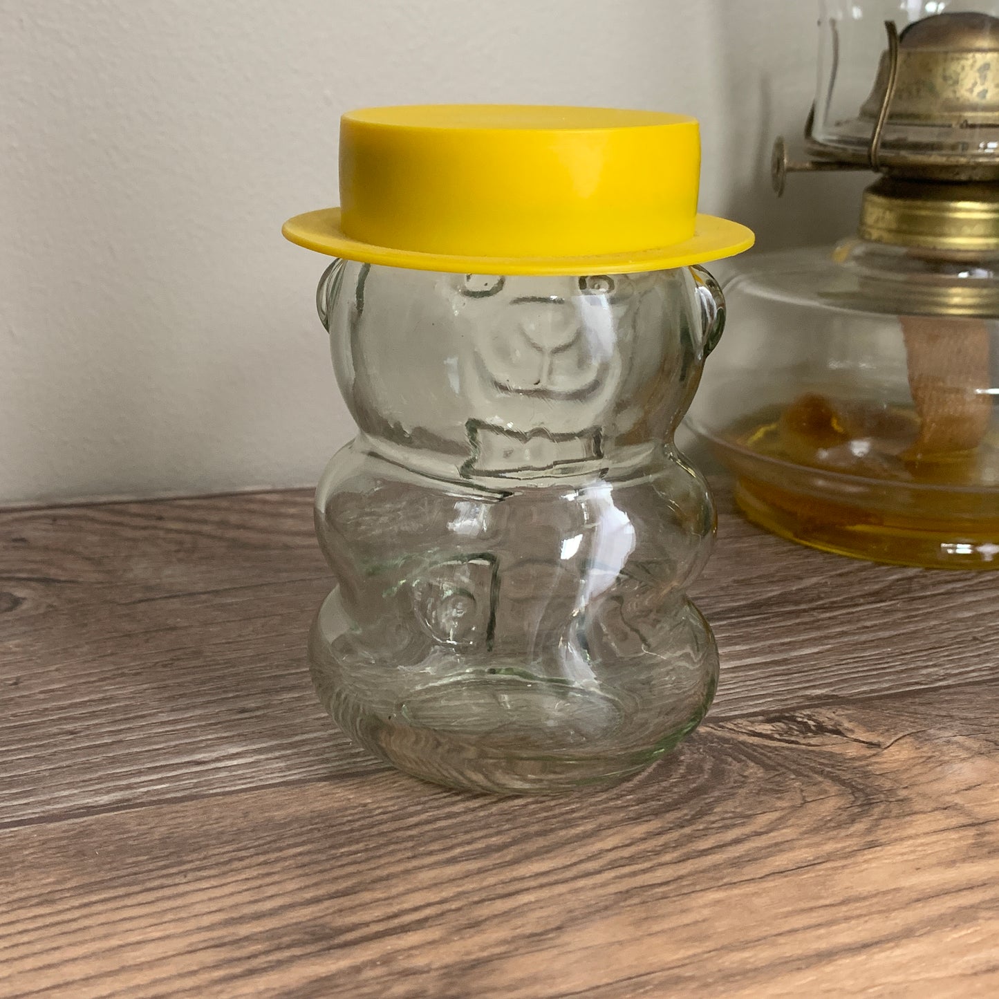 Teddy Bear with Yellow Hat Vintage Jar Peanut Butter Jar Stash Jar