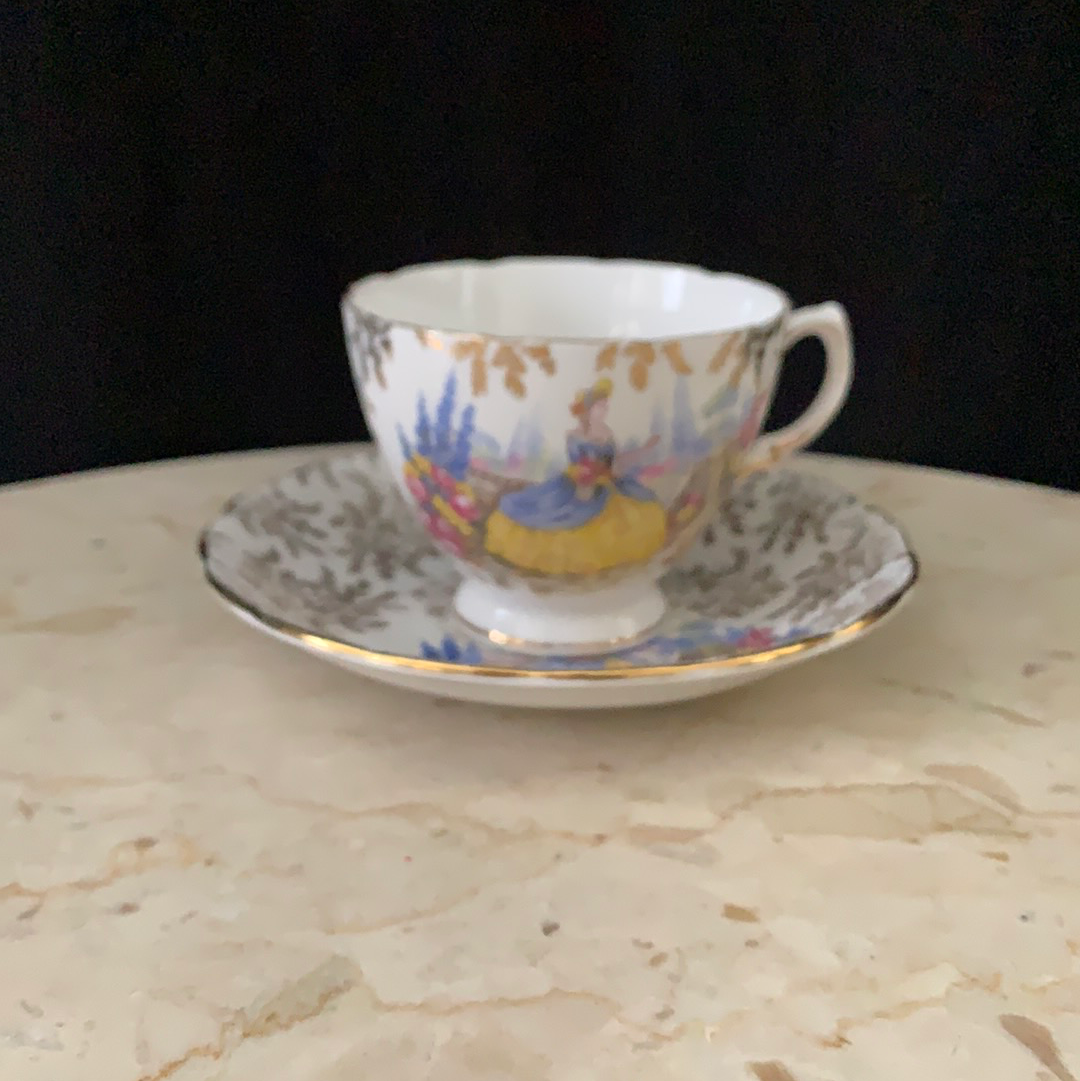 Vintage Tea Cup with Gold Floral Pattern Lady in the Garden