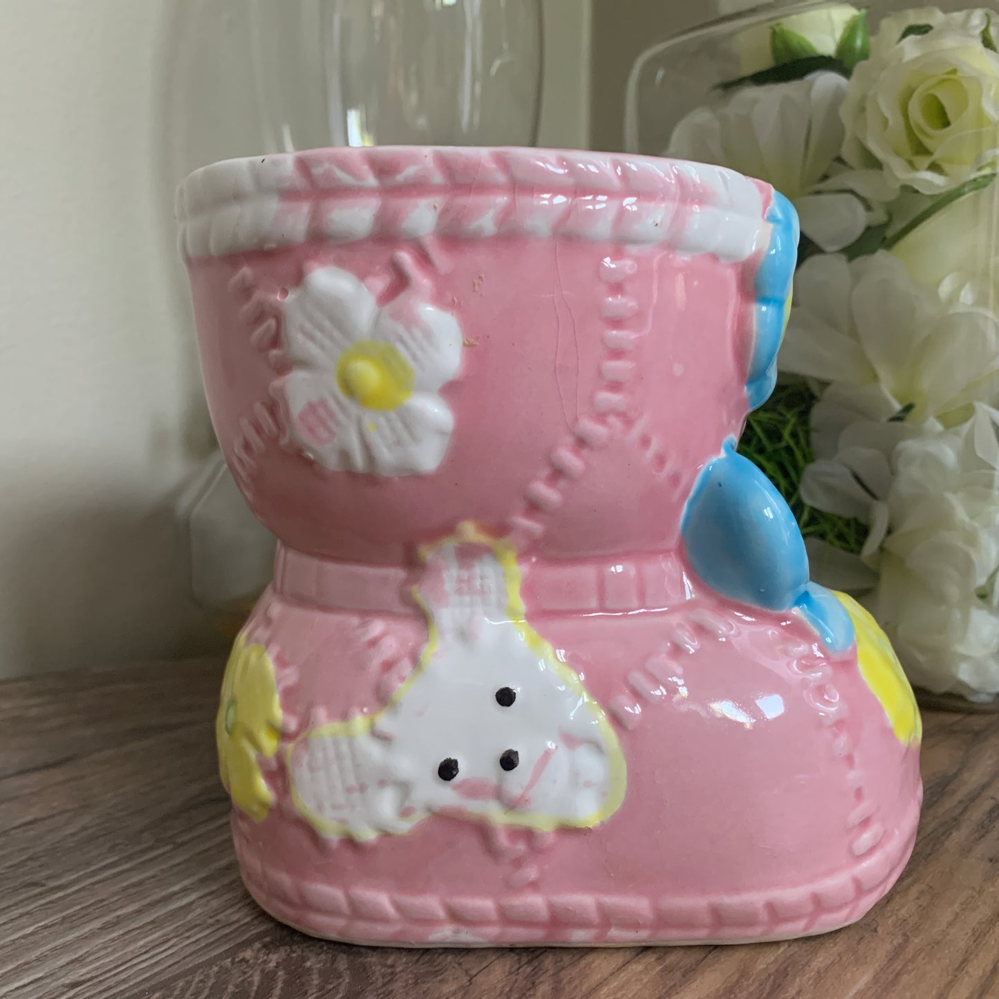 Pink Baby Bootie Ceramic Planter or Flower Vase Shower Gifts for Baby Girl