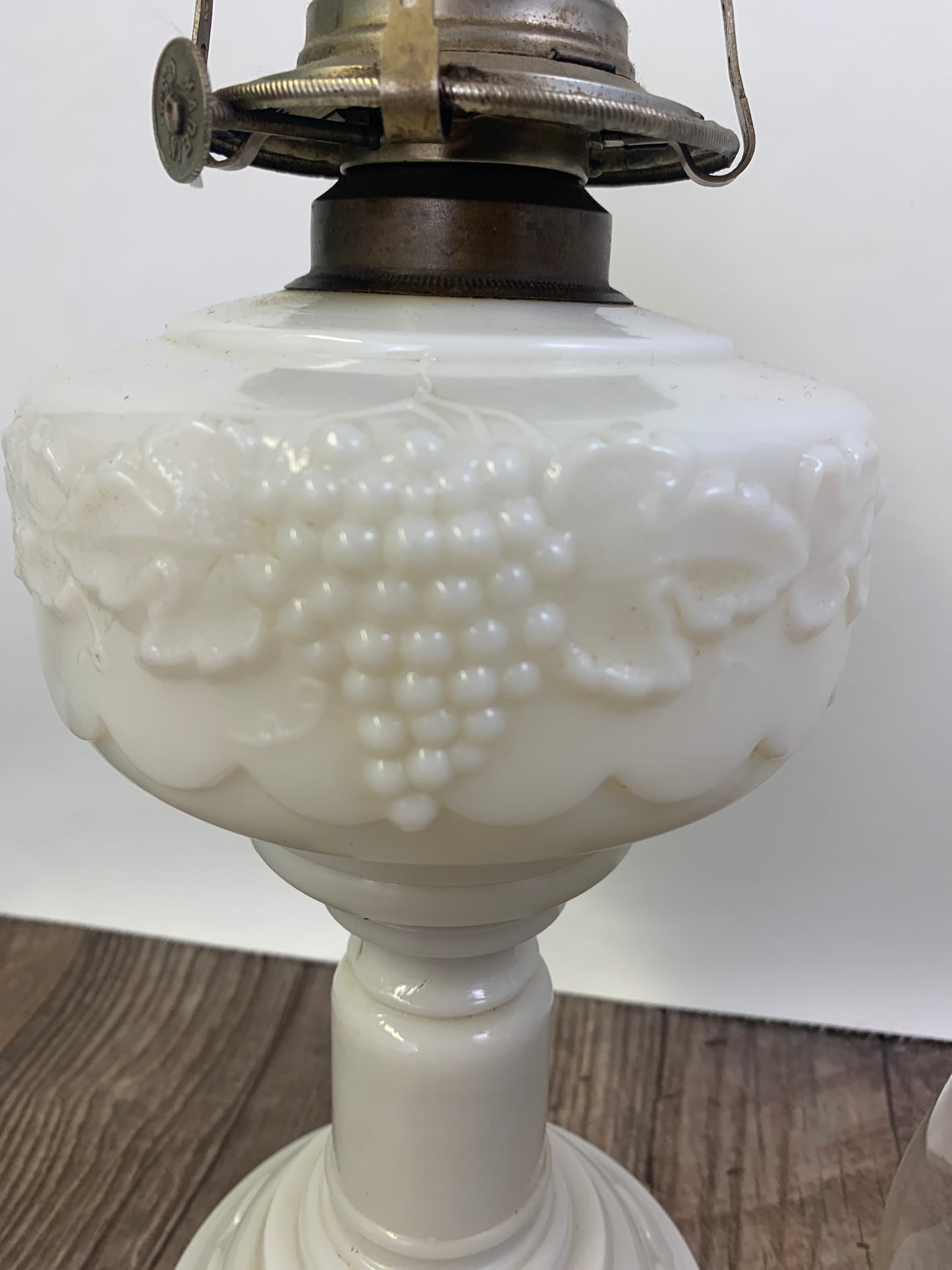 Milk Glass Pedestal Oil Lamp with Grapevine Pattern Early American Oil Lamp Made in USA White Flame Burner Grand Rapids Michigan