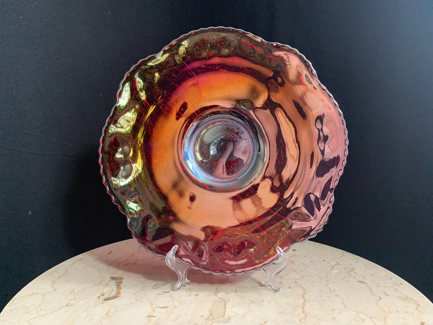 Indiana Glass Heirloom Sunset Red Platter, Indiana Glass Company Iridescent Glass Platter, Red Carnival Glass Sandwich Tray