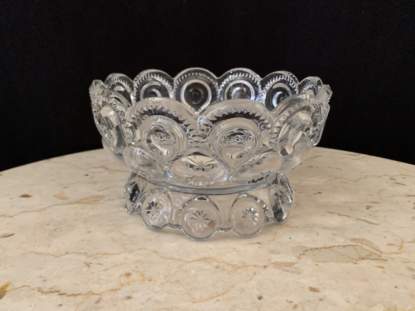 L E Smith Moon and Stars Clear Footed Bowl