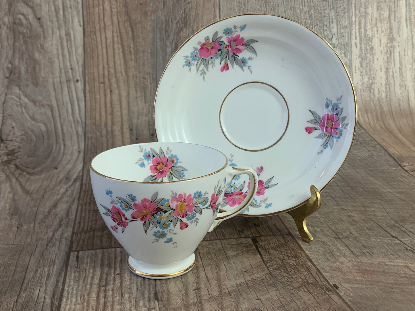 Pink and Blue Floral Vintage Teacup and Saucer Set