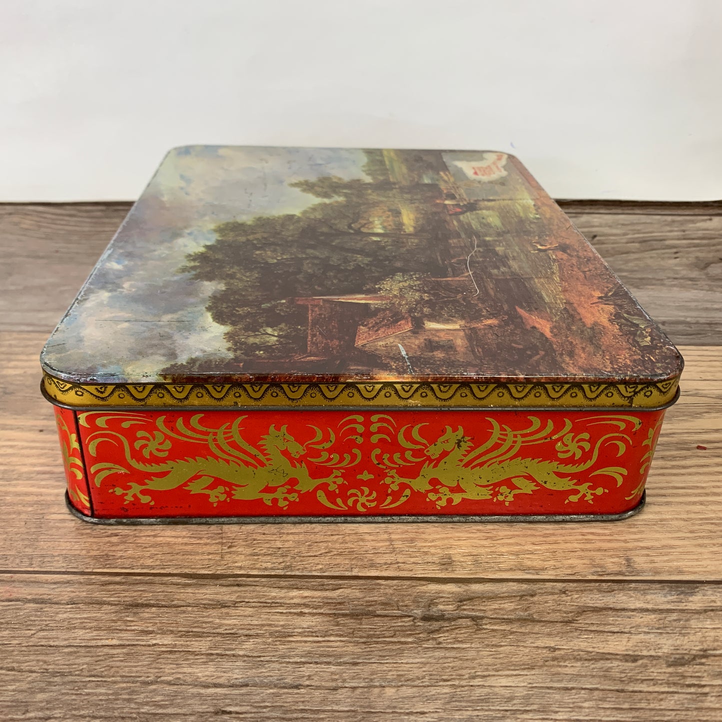 The Hay Wain English Countryside Landscape Painting on a Cookie Tin by Elkes Cookies
