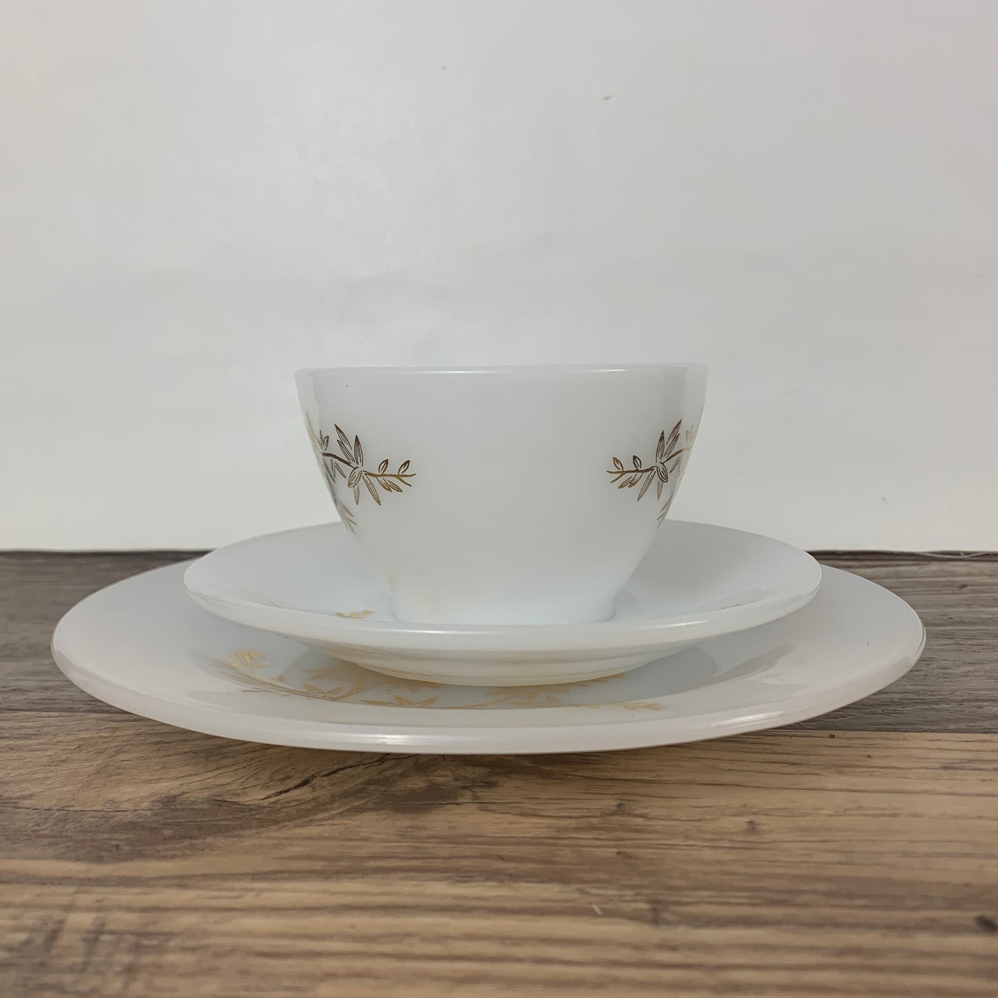 Vintage Federal Glass Golden Glory Milk Glass Teacup, Saucer, and Snack Plate, 3 piece Trio
