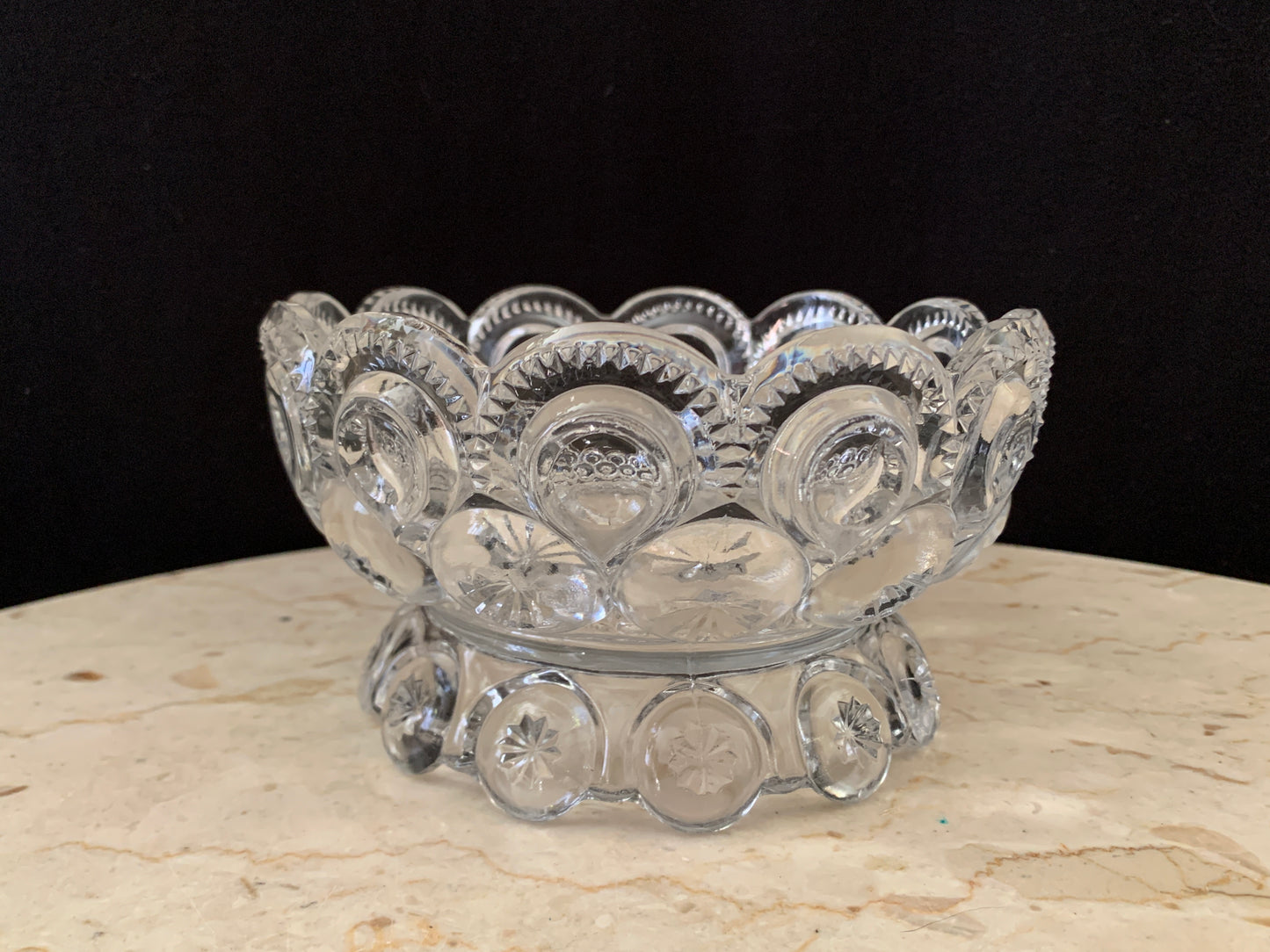 L E Smith Moon and Stars Clear Footed Bowl