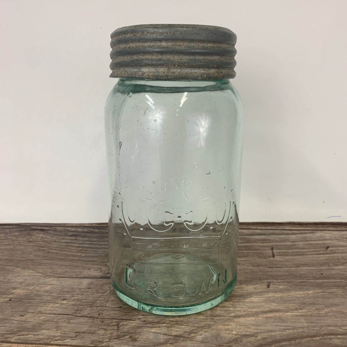 Crown Canning Jar with Green Tint and Clear Lid