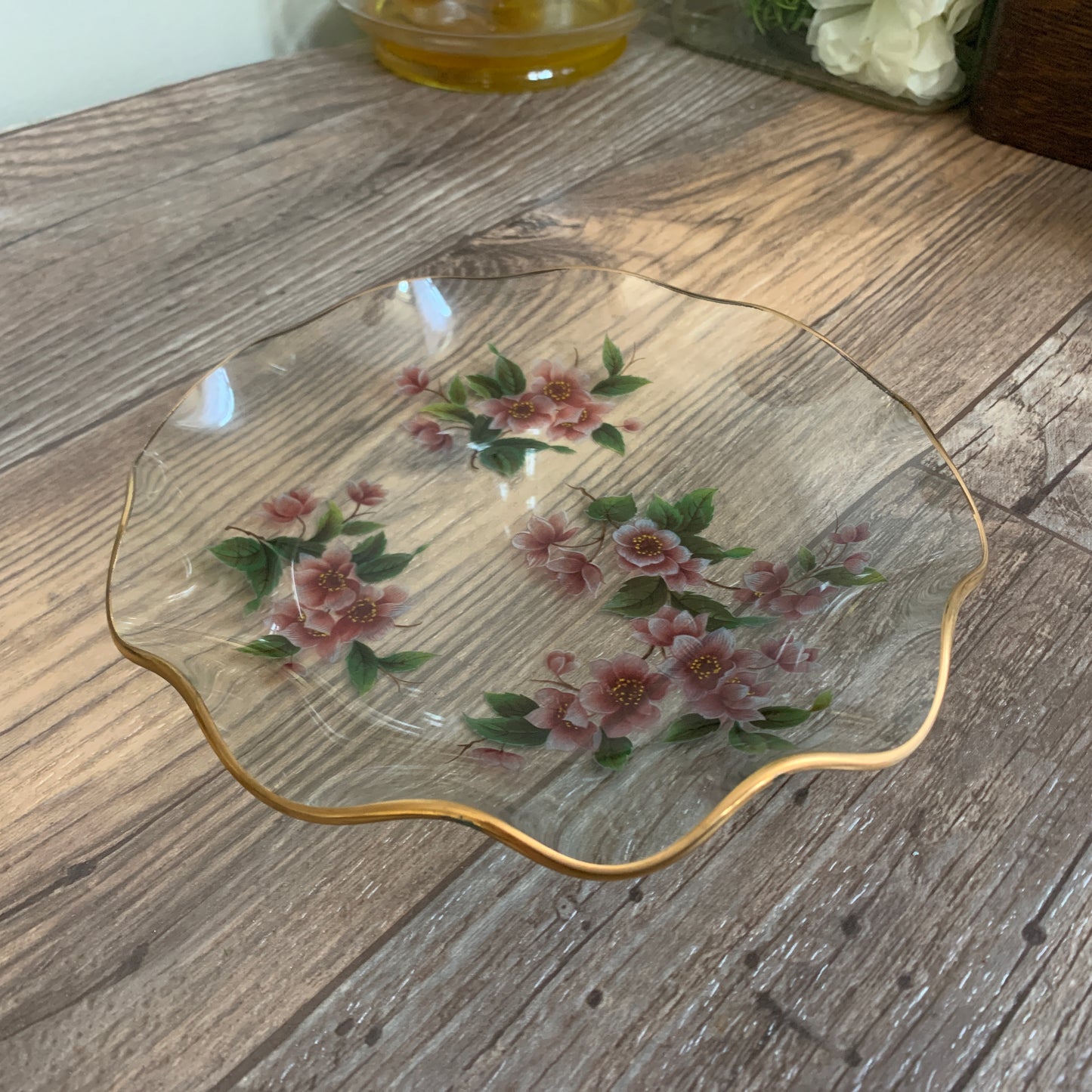 Pink Floral Dresser Dish, Small Plate with Ruffled Edge,