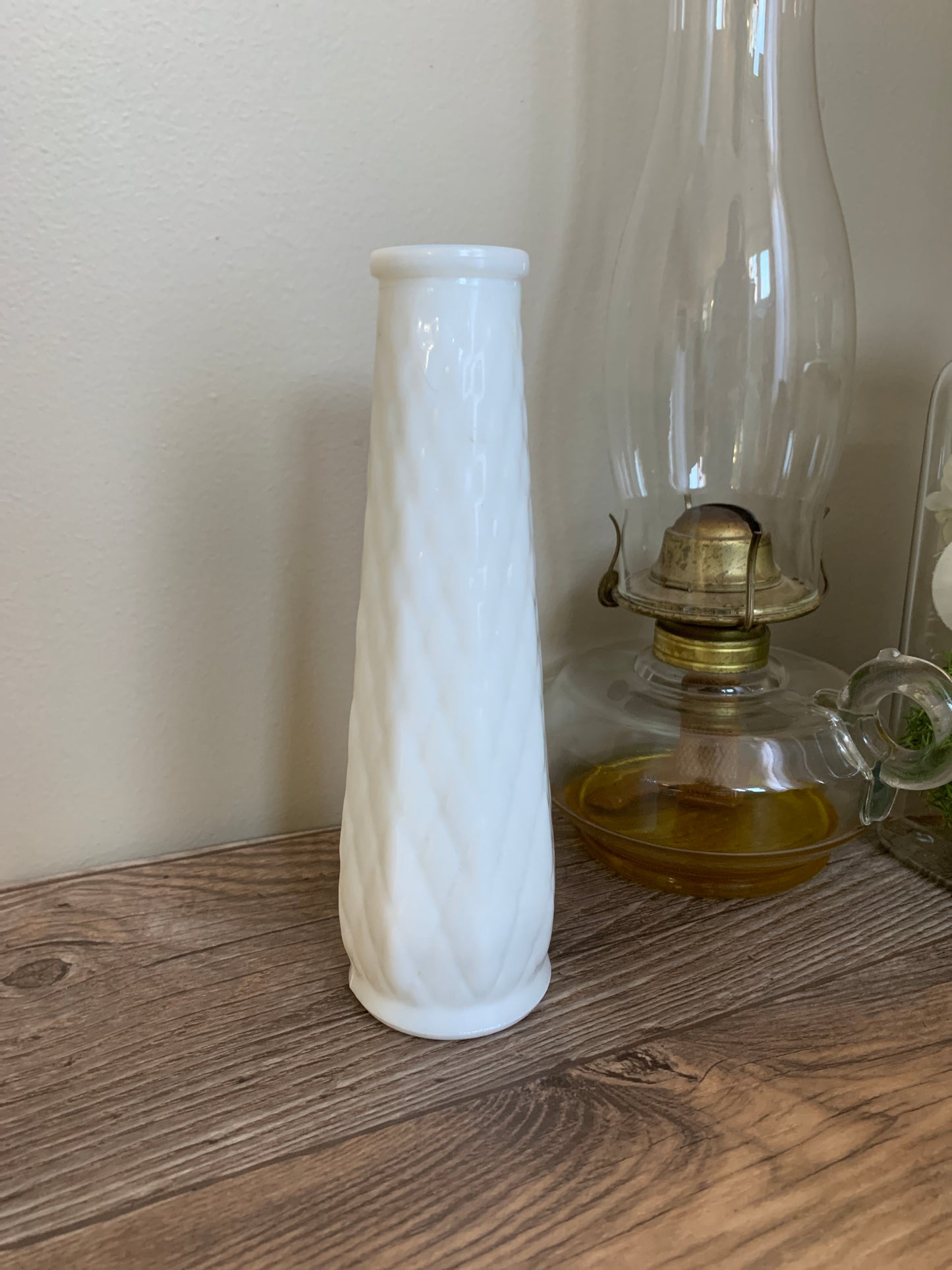 White Milk Glass Vintage Vase with Diamond Waffle Pattern Vintage Farmhouse Decor Housewarming Gifts