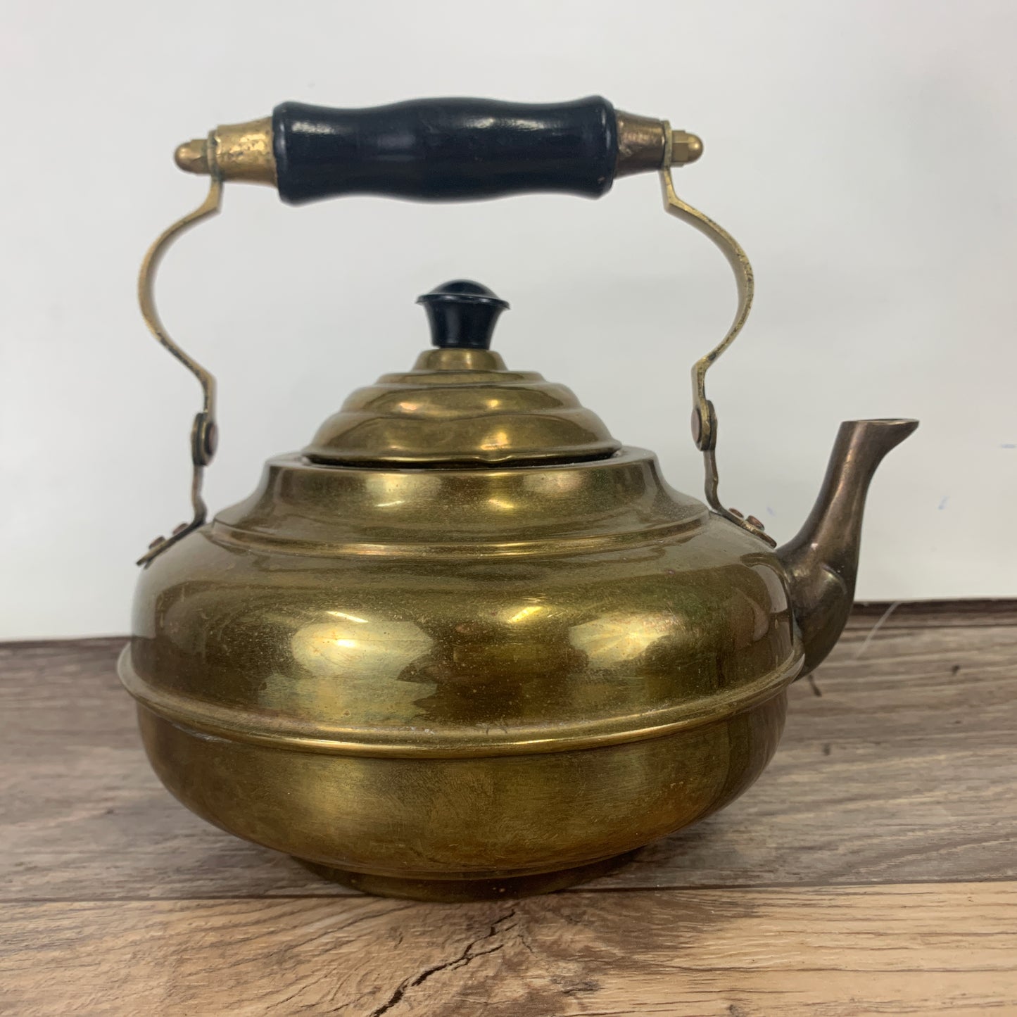 Vintage Brass Coloured Kettle with Wooden Handle