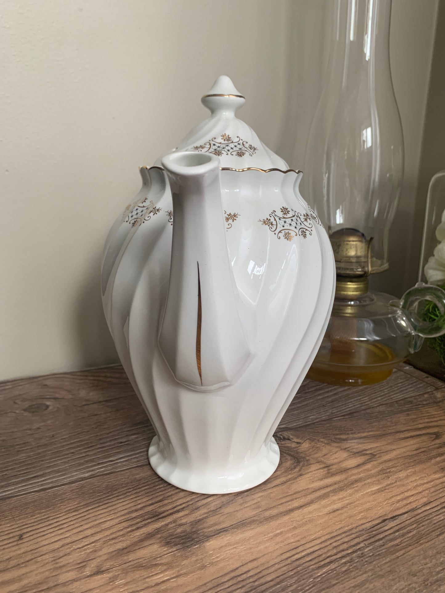 Johnson Bros White Coffee Pot with Swirled Rib Pattern Gold and Navy Pattern Tall Coffee Pot
