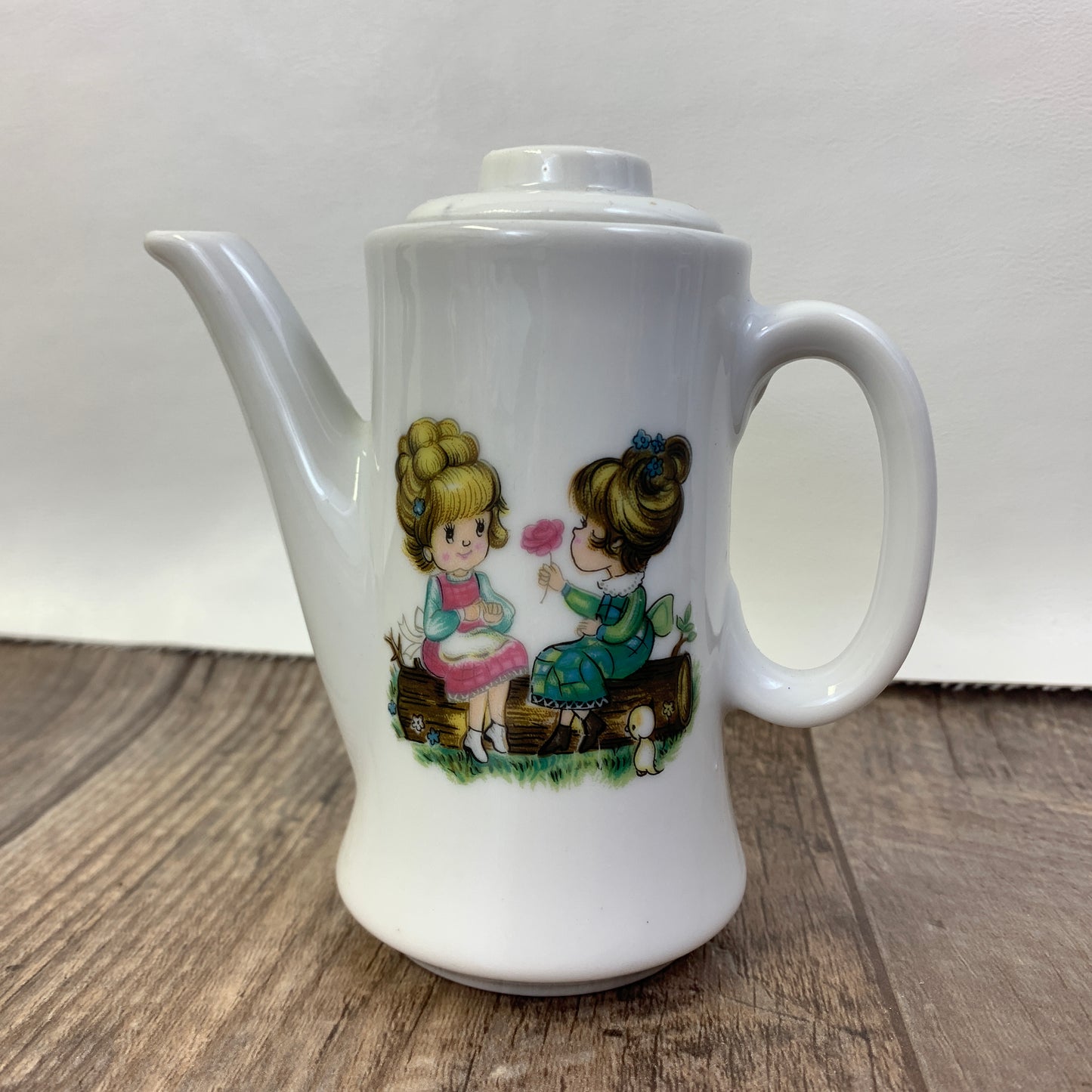 Child Size Teapot and Cream and Sugar with Two Little Girls, Mini Coffee Pot with Decal Small Ceramic Teapot Made in Japan